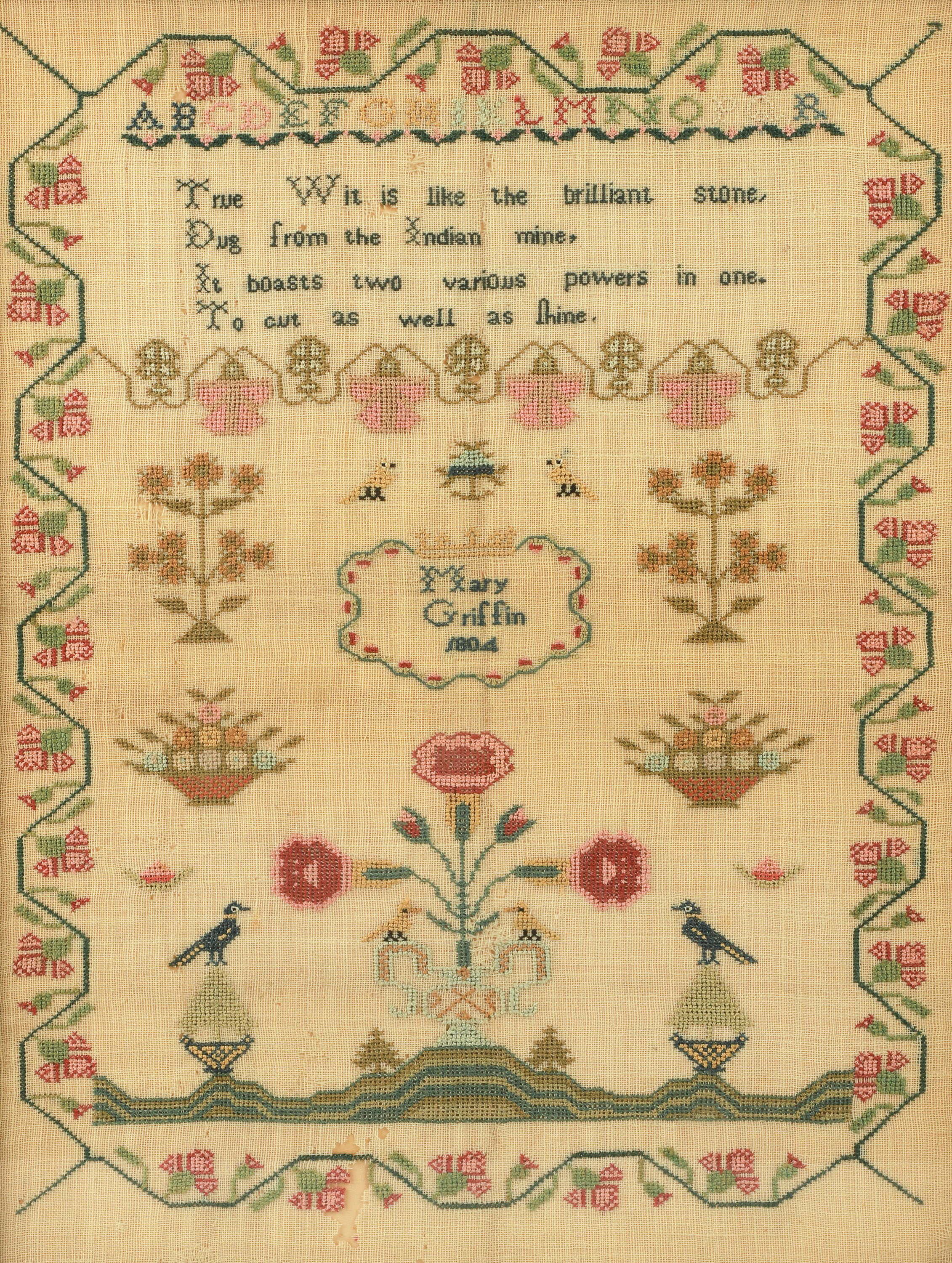 1804 signed needlework sampler,