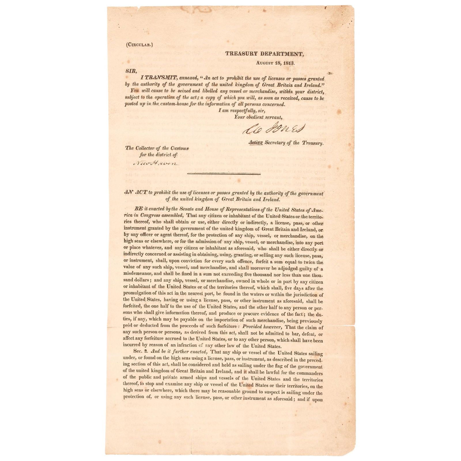 1813 CIRCULAR, YOU WILL CAUSE TO BE