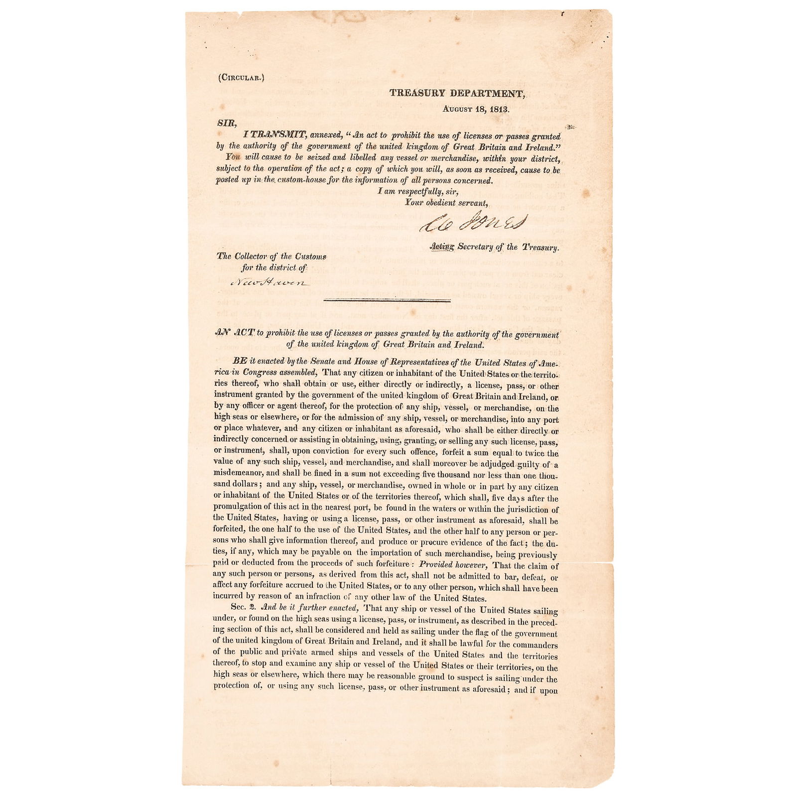 1813 CIRCULAR, YOU WILL CAUSE TO BE