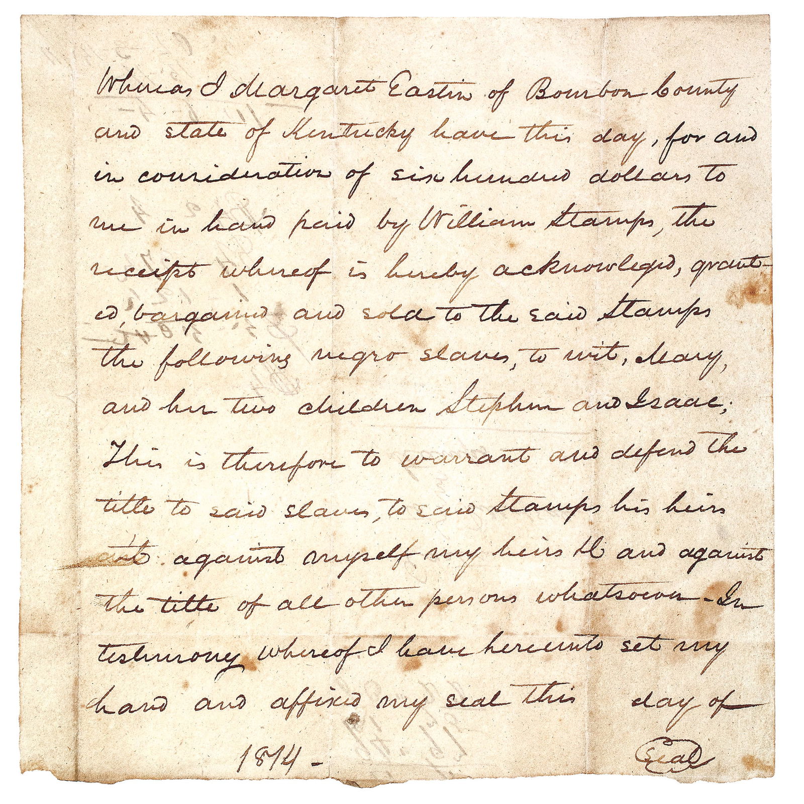 1814 SLAVE BILL OF SALE, KY,