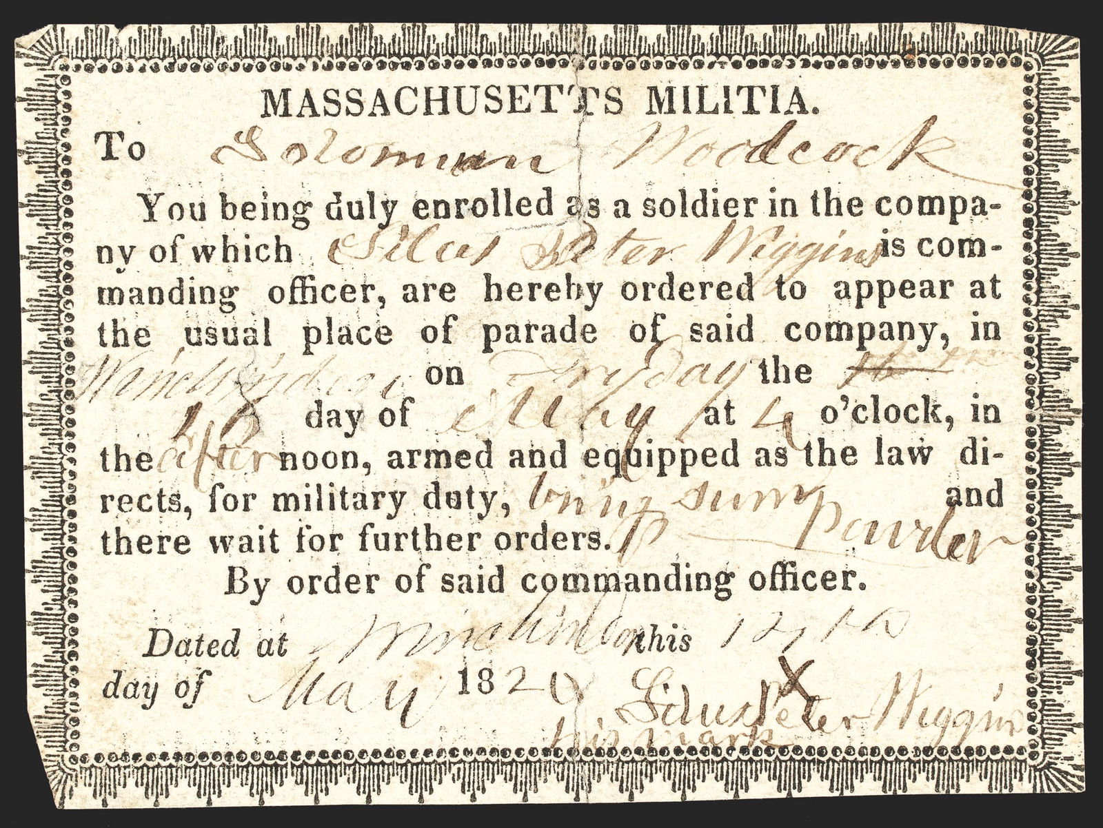 1820 MASS MILITIA COMMANDING