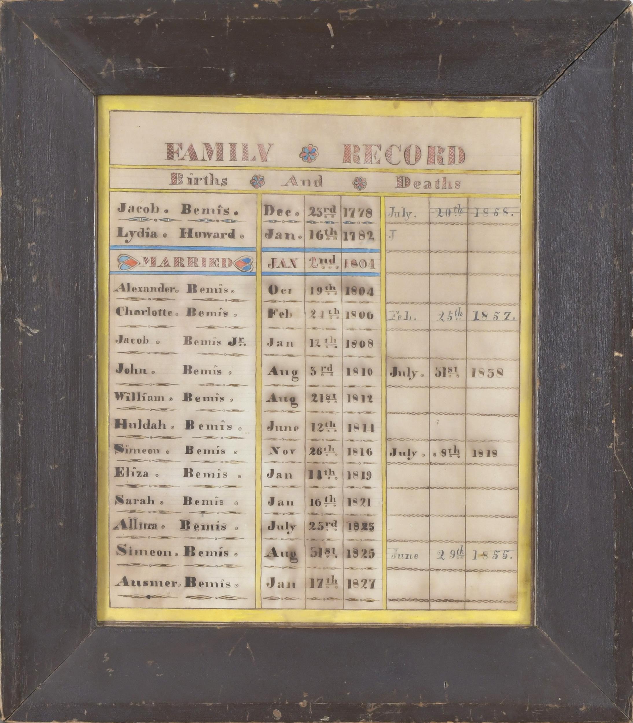 1827 BEMUS FAMILY RECORD. Pencil 