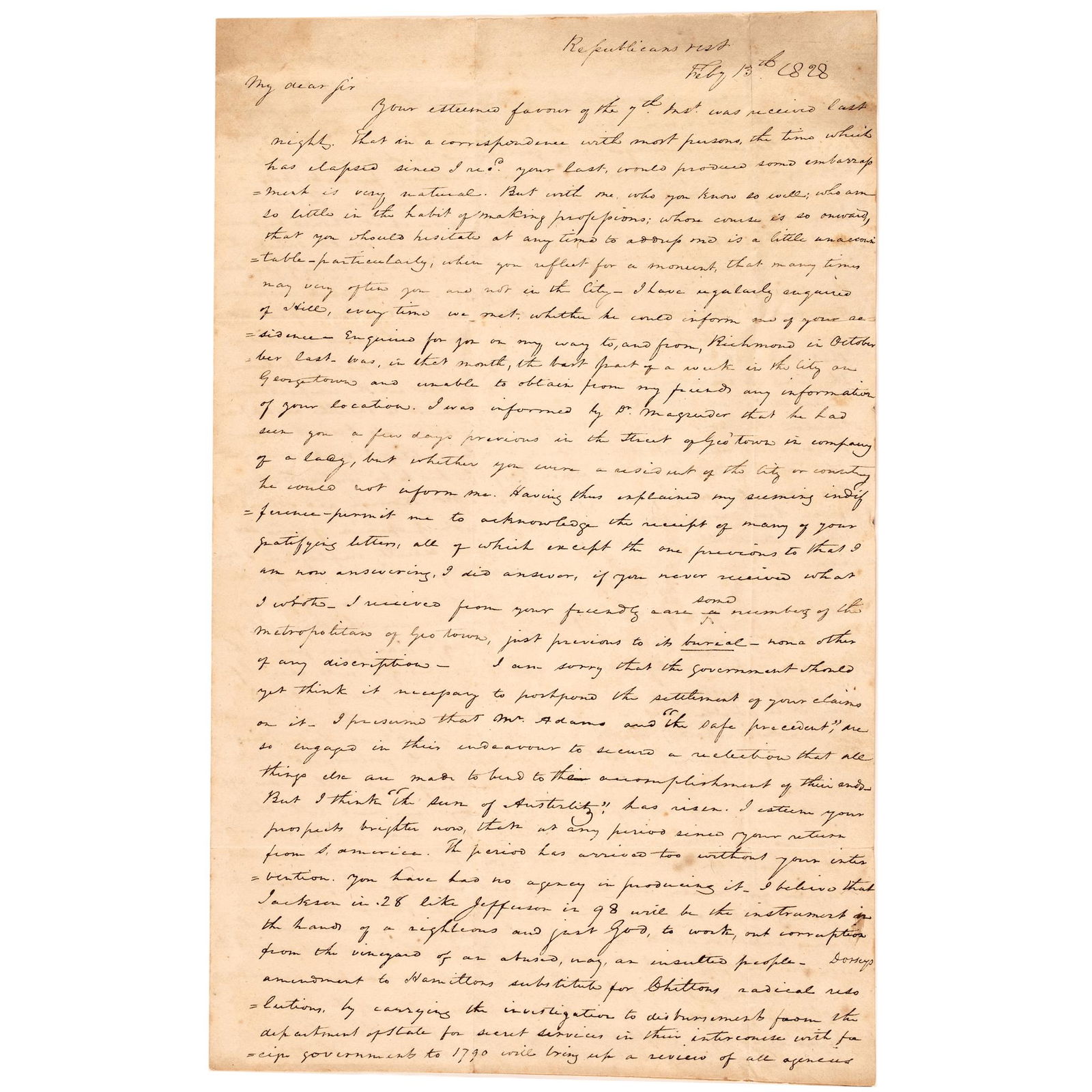 1828 LETTER TO A US SECRET AGENT TO