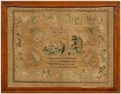 1828 needlework sampler, two