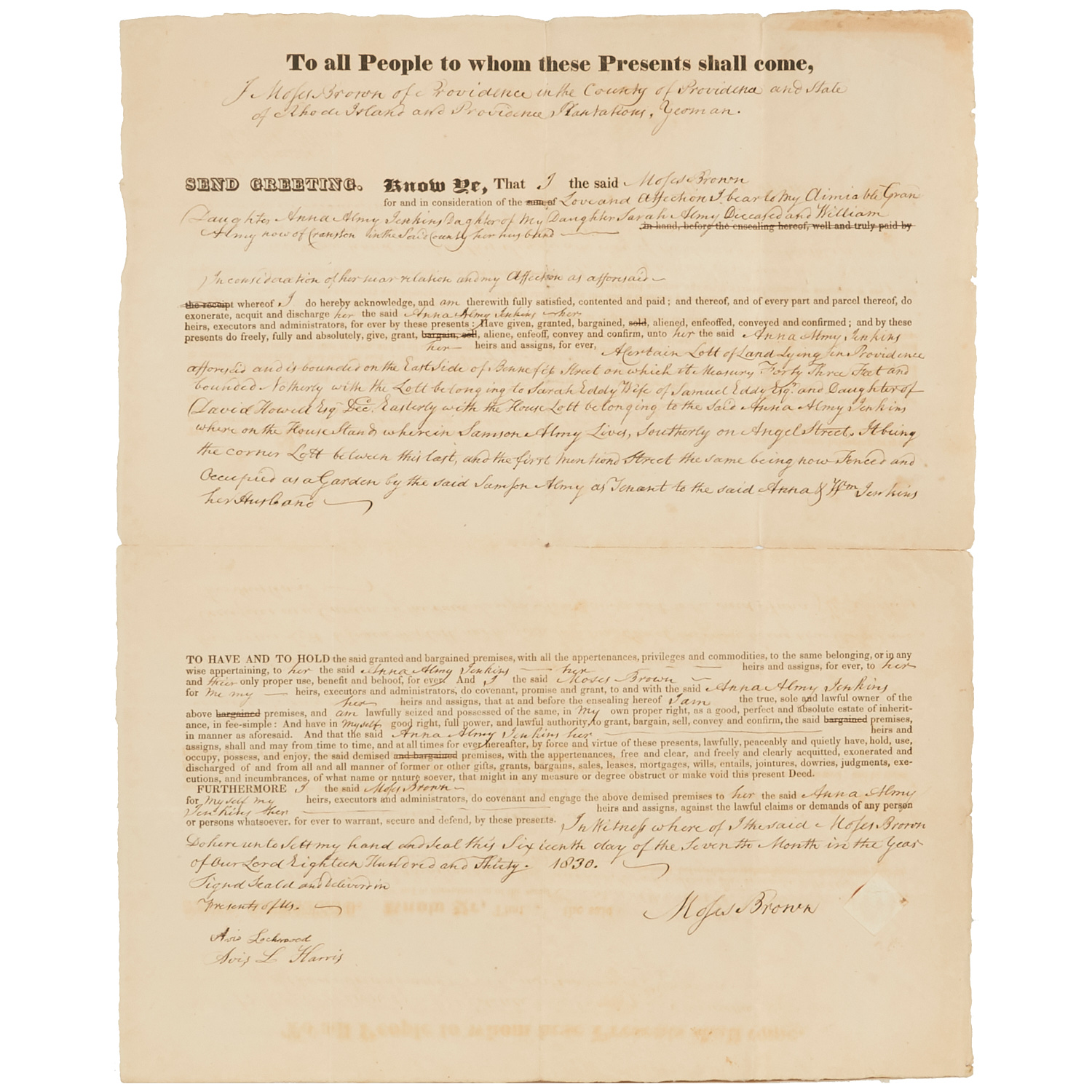 1830 DEED, MOSES BROWN, RHODE