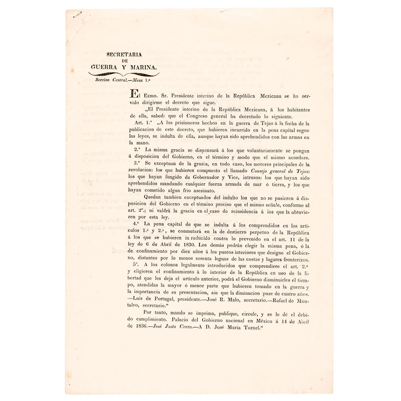 1836 TEXAS REVOLT DECREE