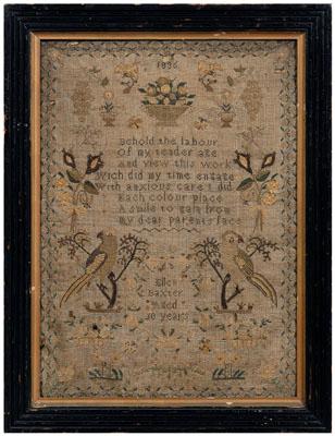1836 verse sampler, "Ellen Baxter
