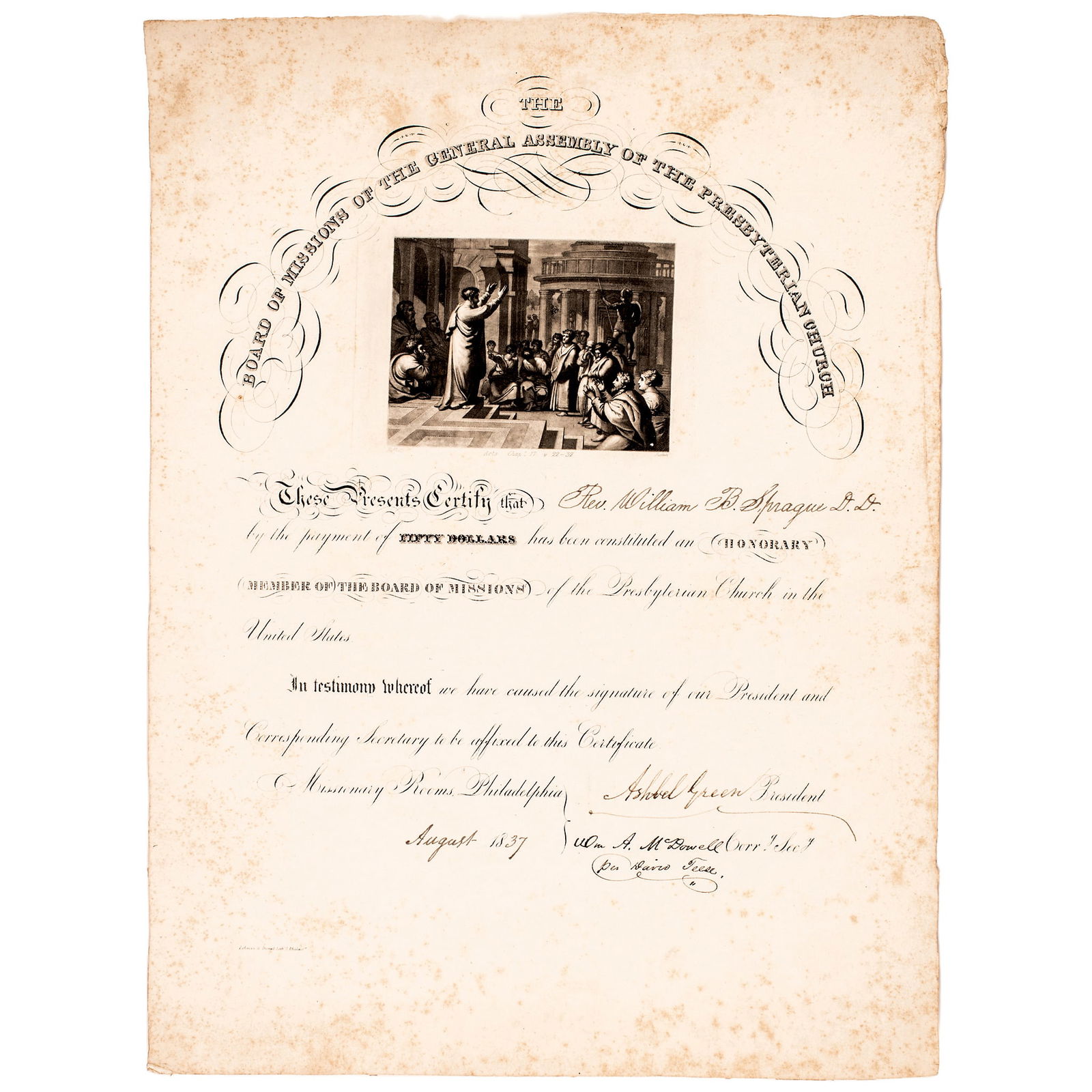 1837 PRESBYTERIAN CHURCH CERT. BY