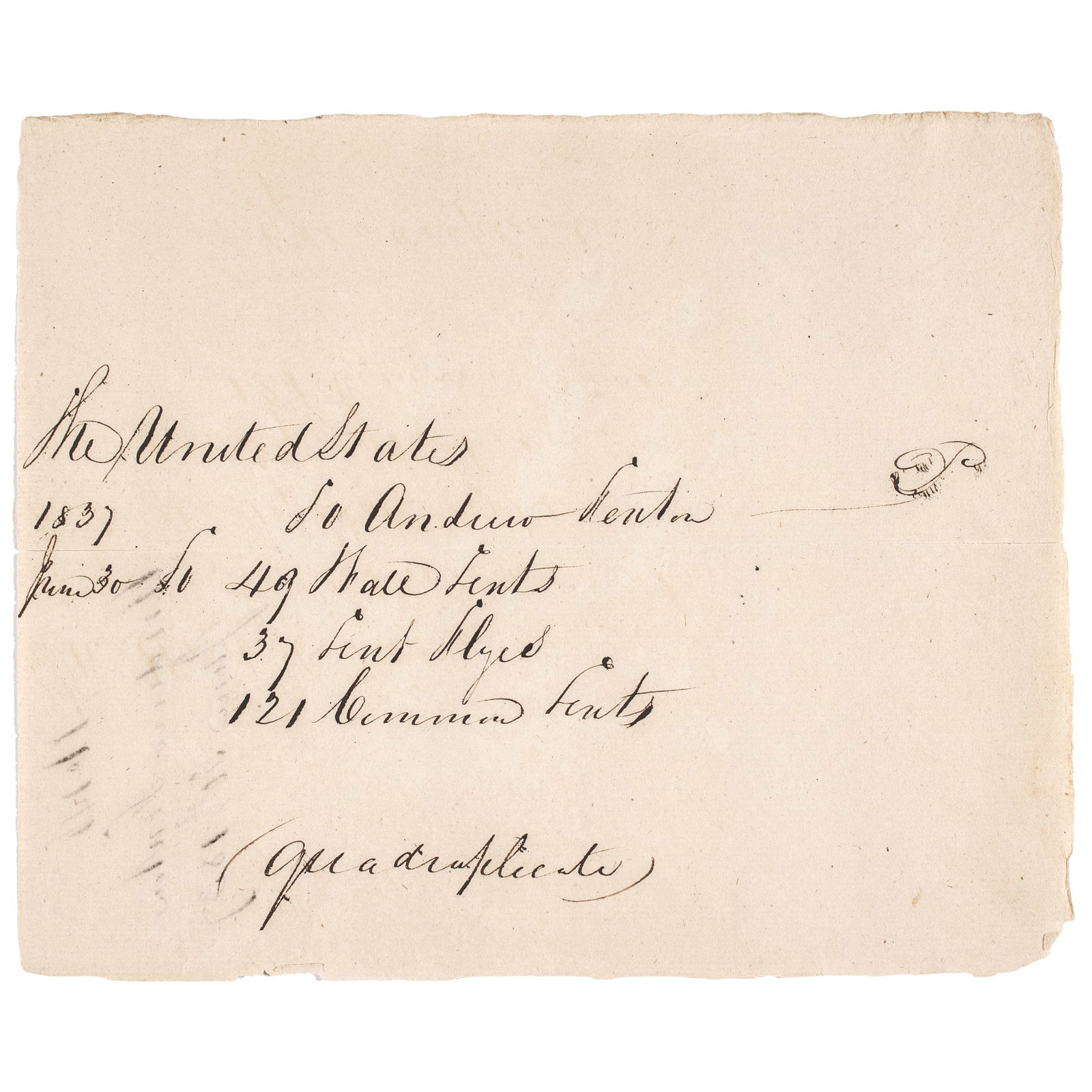 1837 US ARMY DOCUMENT TO ANDREW
