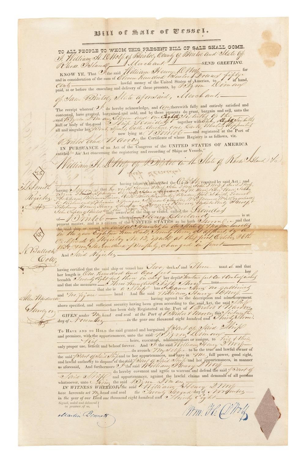 1838 BILL OF SALE FOR THE WHALESHIP