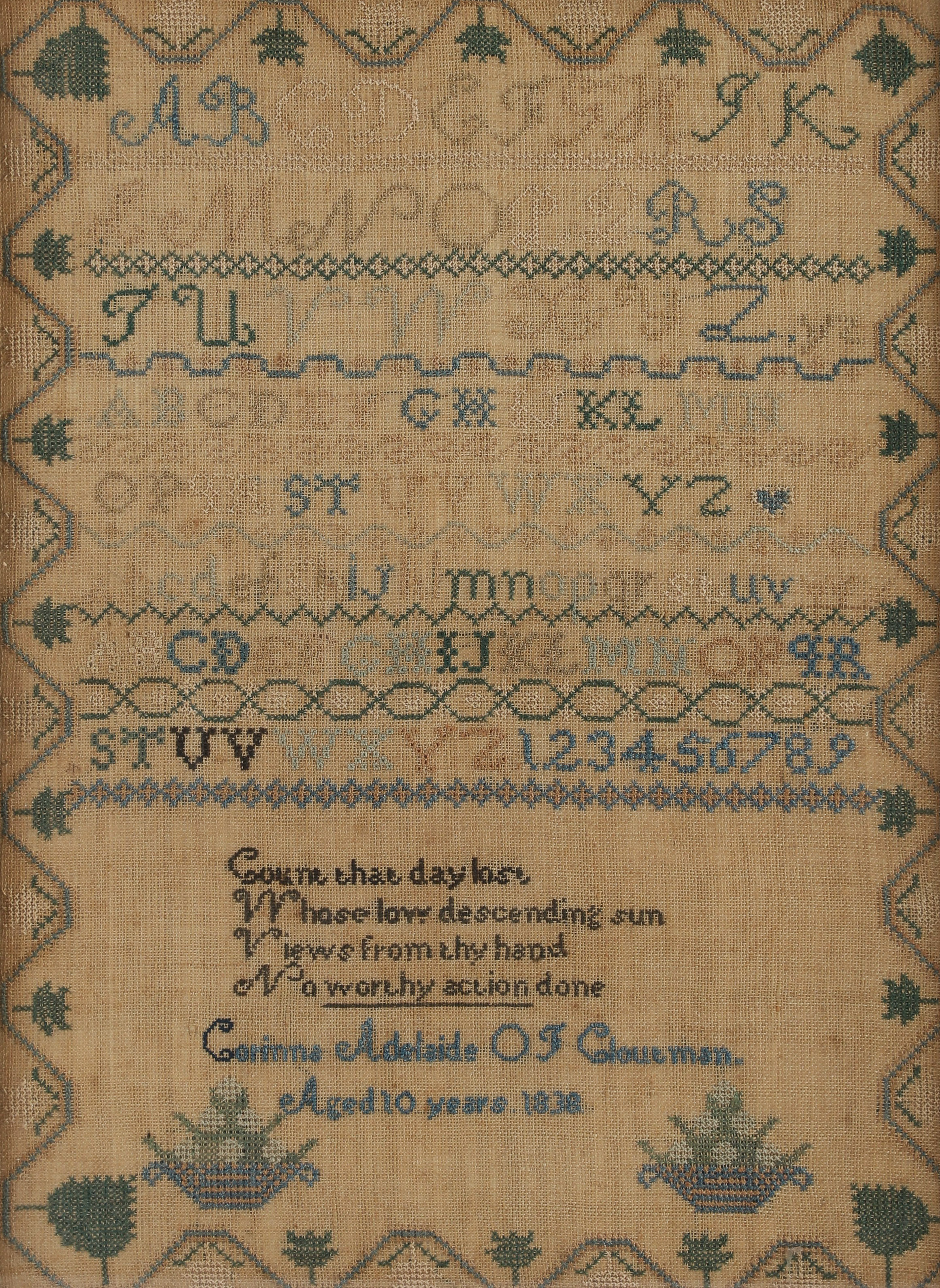 1838 Signed needlework sampler,