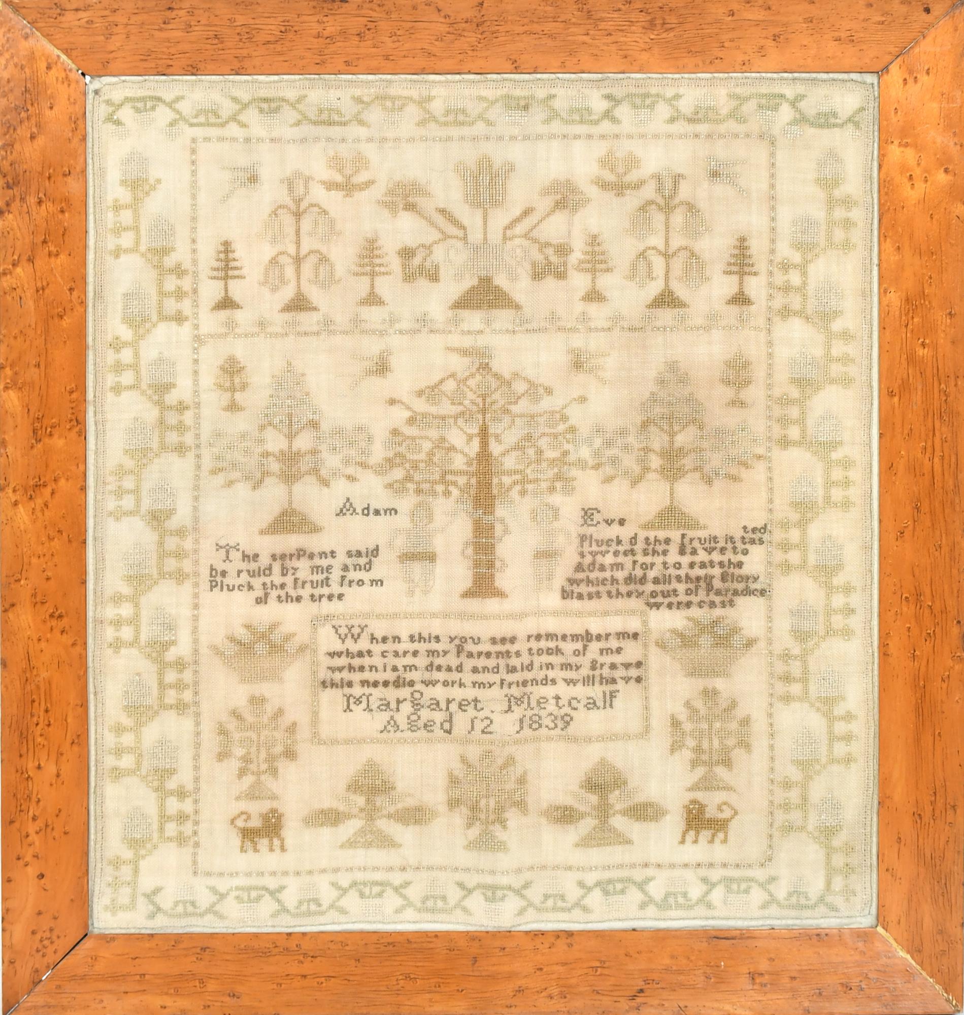 1839 NEEDLEWORK SAMPLER, ADAM AND