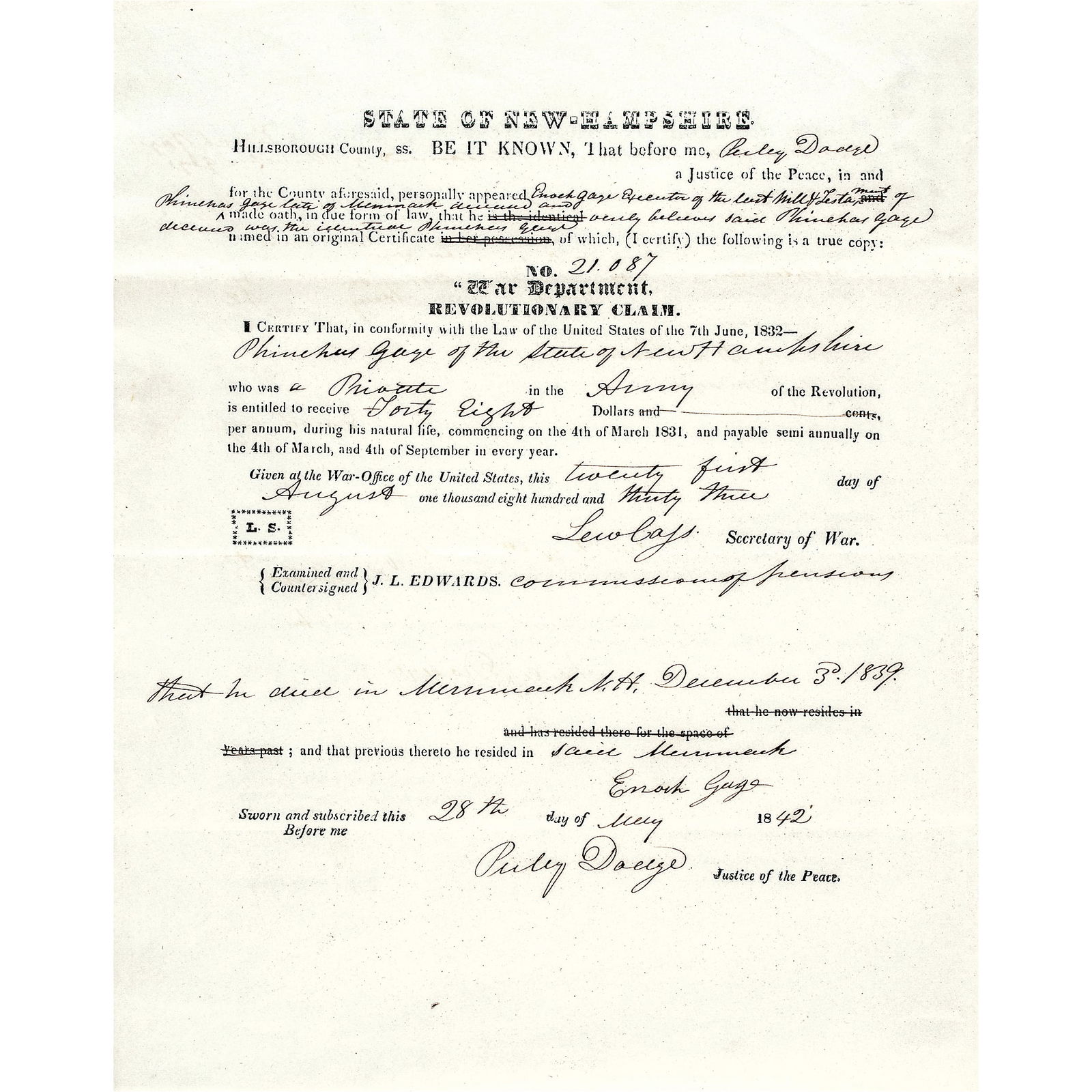1842 LEWIS CASS SIGNED AS U.S.