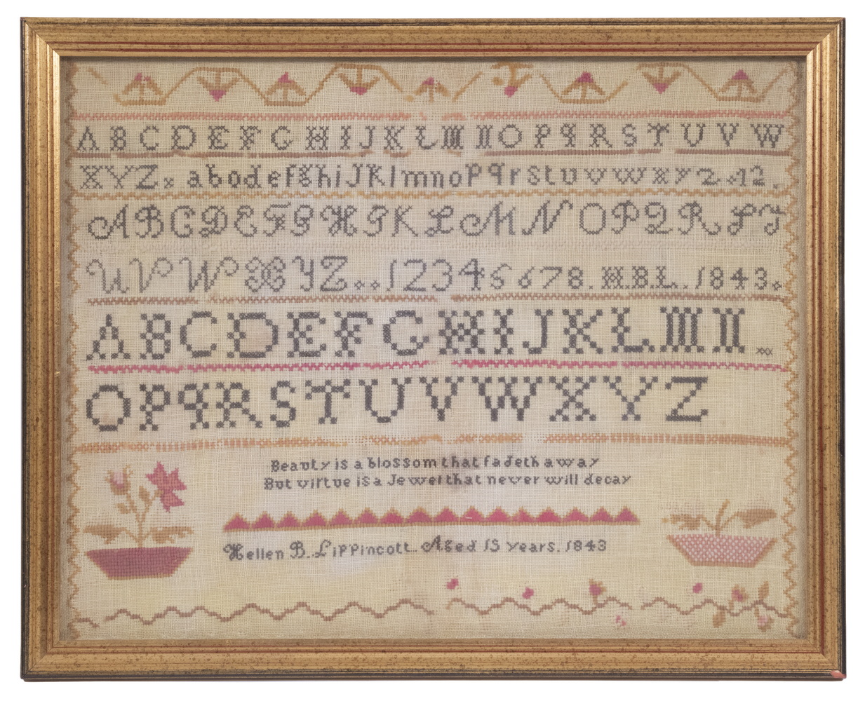 1843 MAINE SAMPLER Wool on Linen,