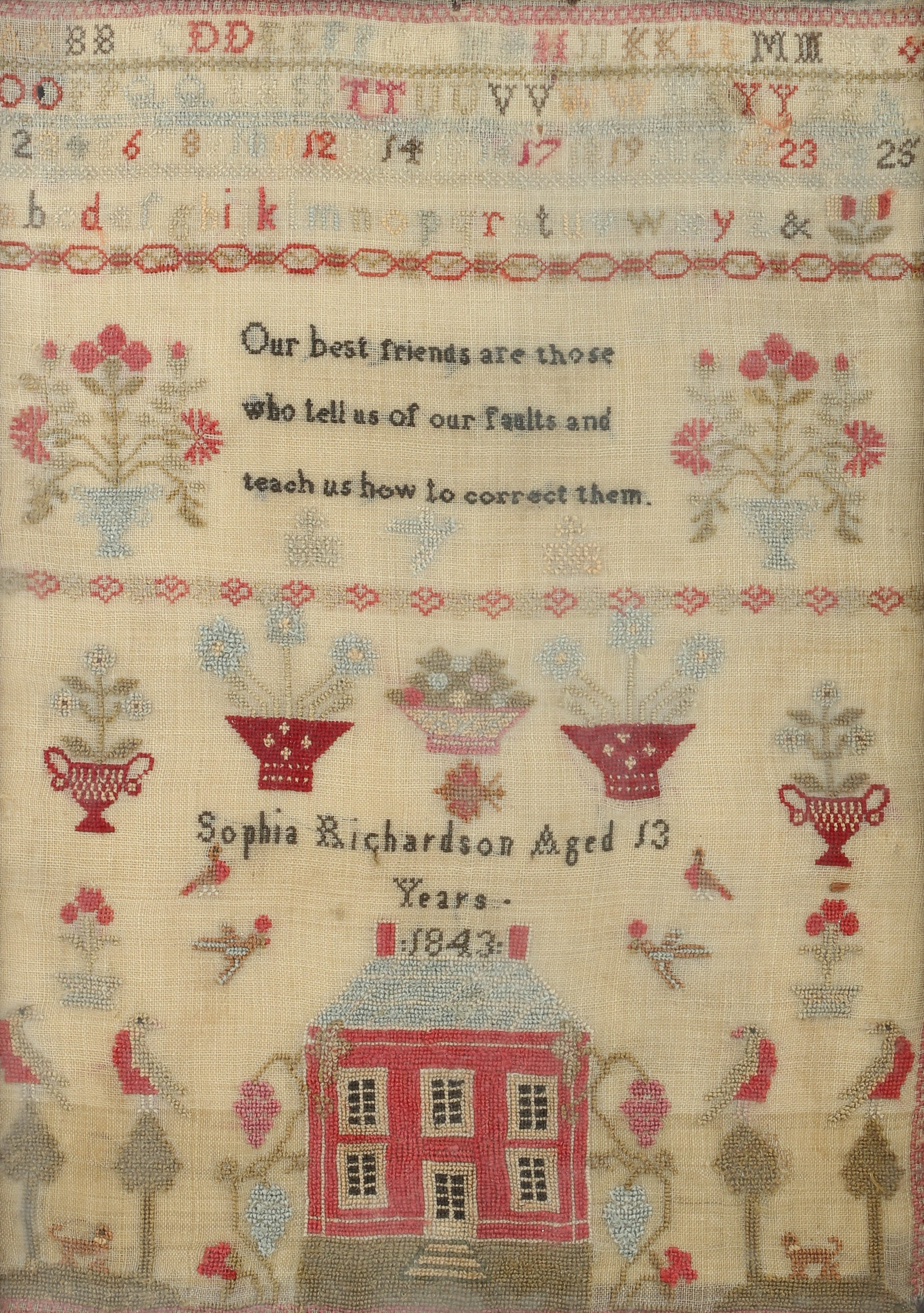1843 Signed needlework sampler,