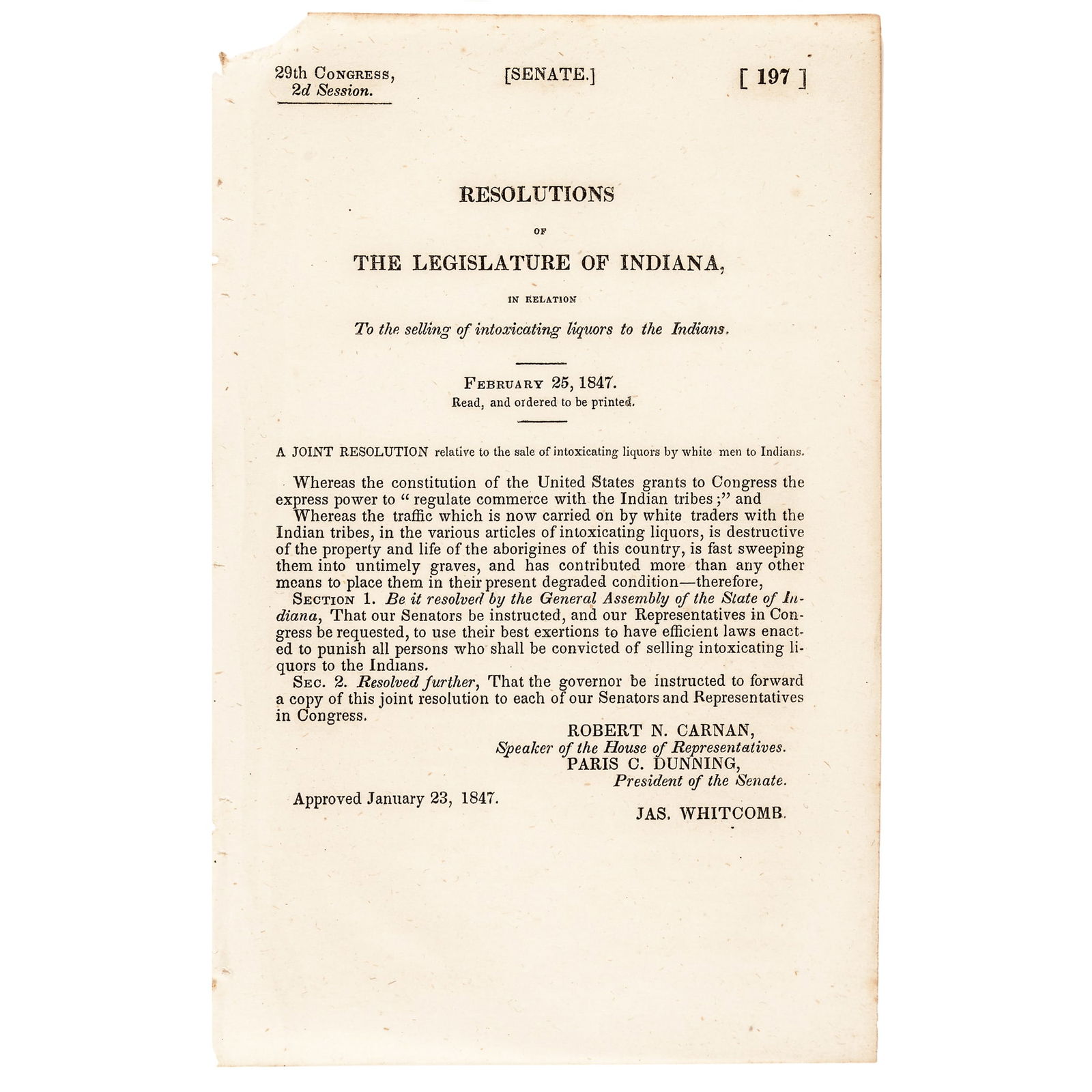 1847 INDIANA SENATE RESOLUTION