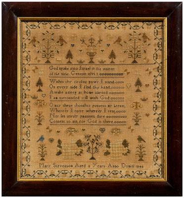 1848 three-verse sampler, silk on