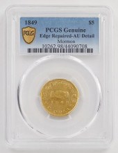1849 MORMON $5 GOLD COIN PCGS