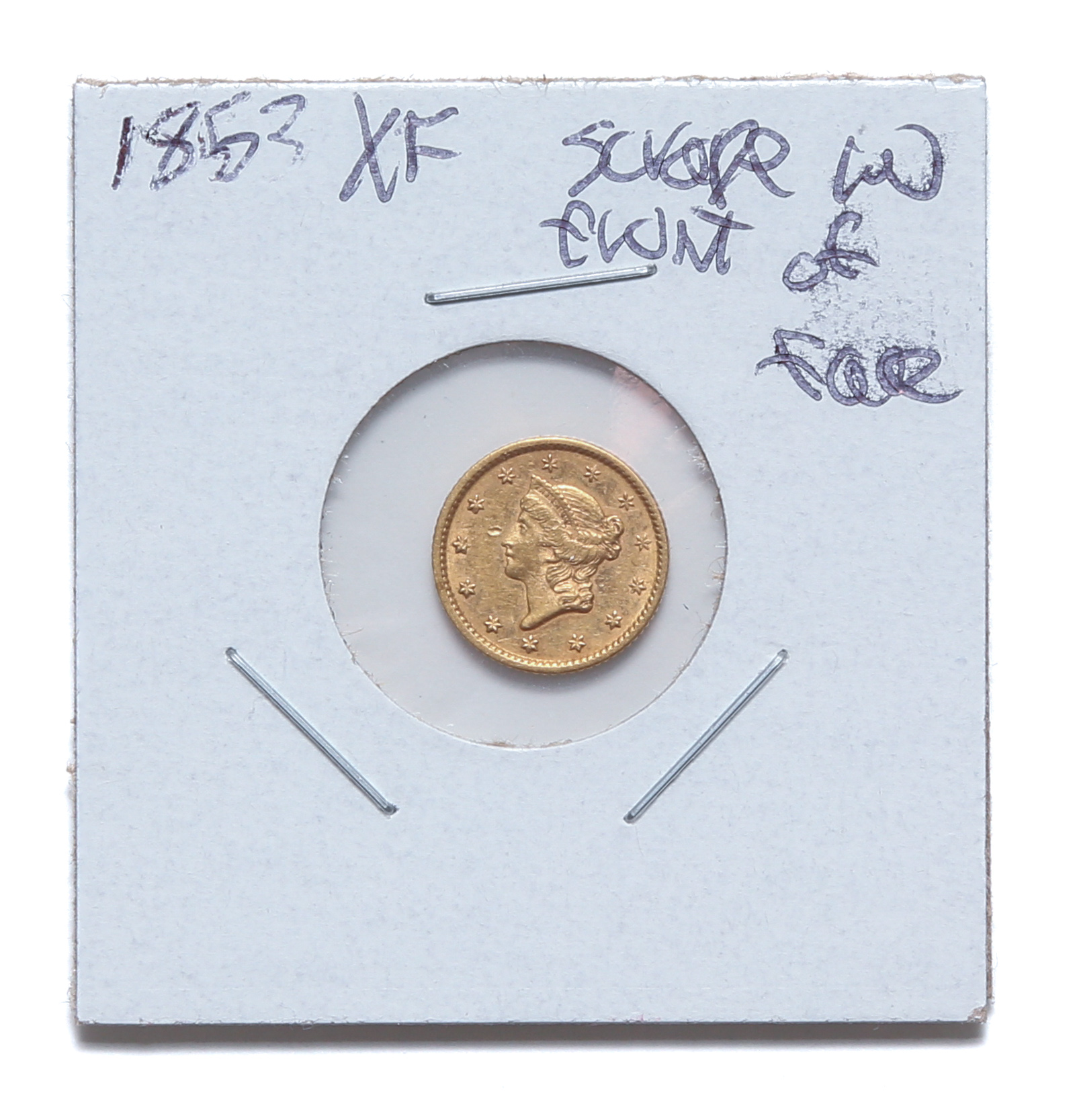 1853 GOLD DOLLAR XF, SCRAPE IN