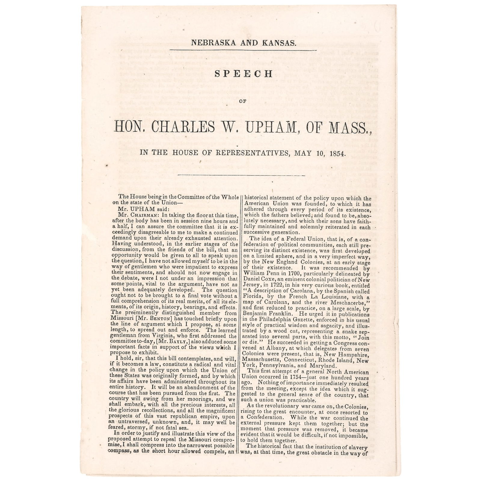 1854 NEBRASKA AND KANSAS, STATEHOOD