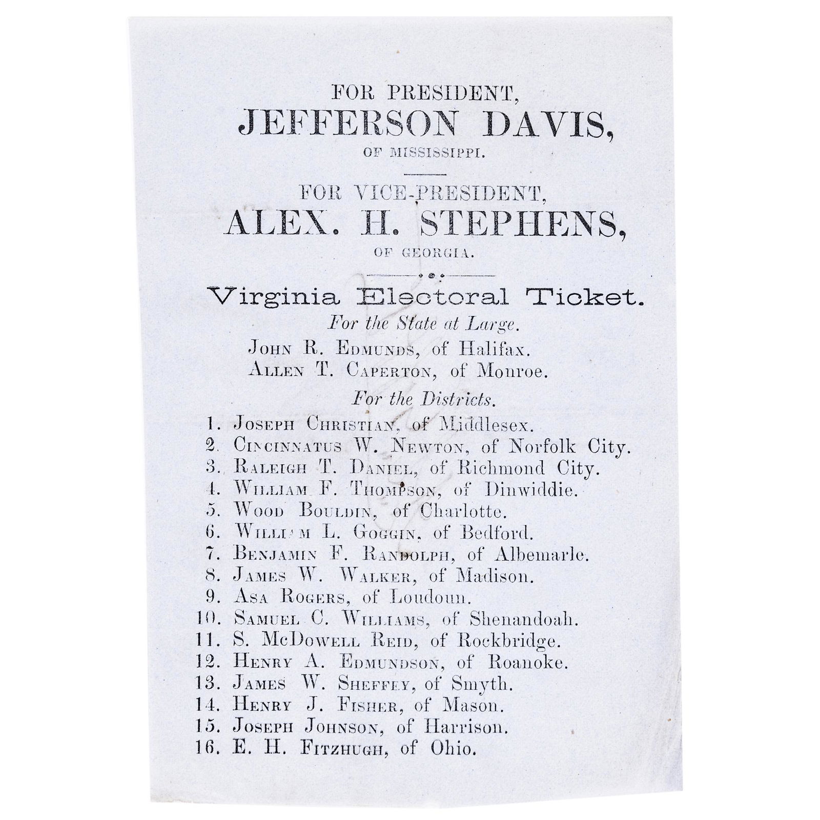 1861 CONFEDERATE ELECTORAL TICKET