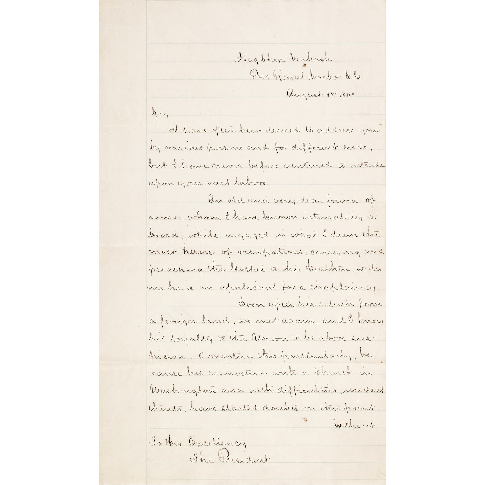 1862 LETTER TO ABRAHAM LINCOLN FROM