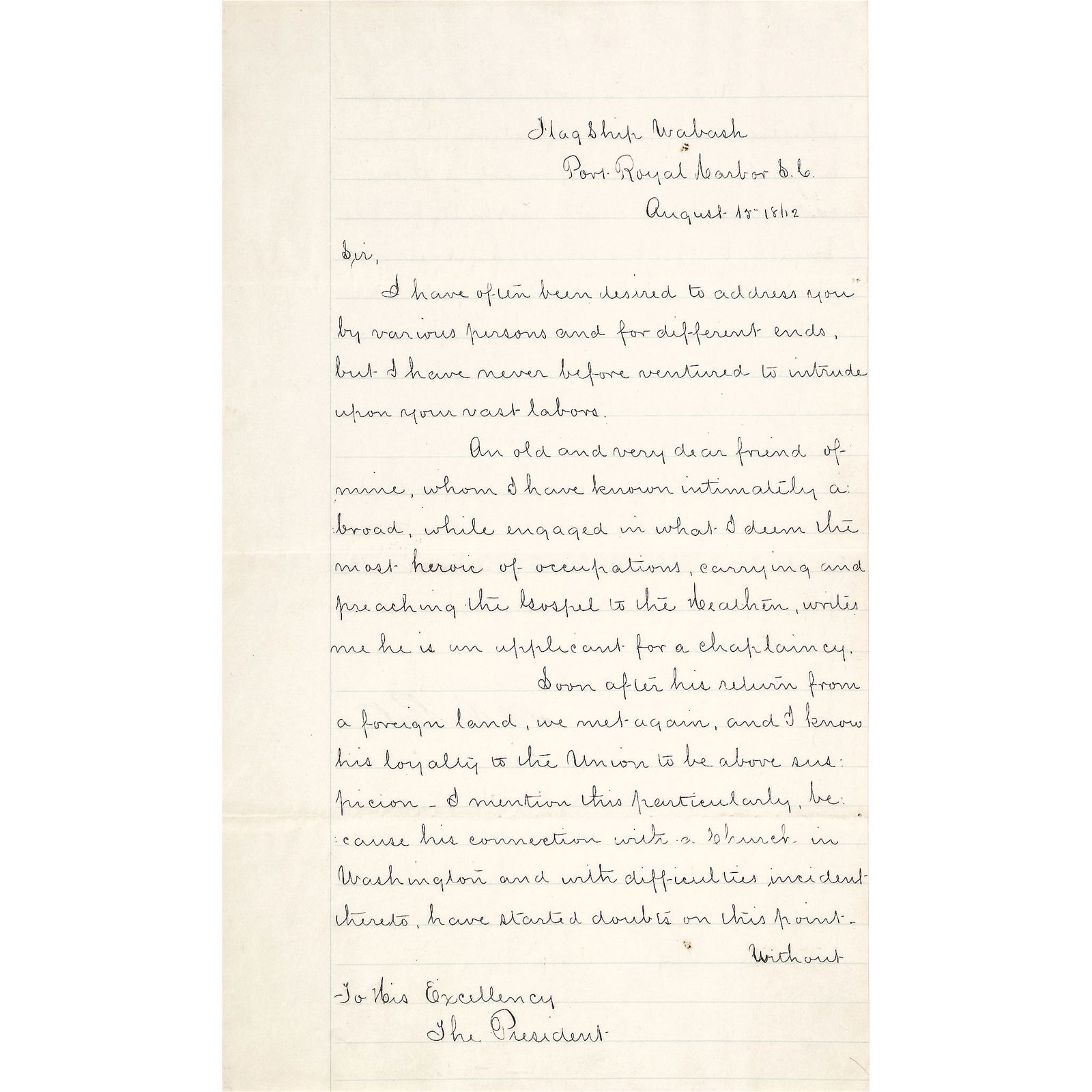 1862 LETTER TO ABRAHAM LINCOLN FROM