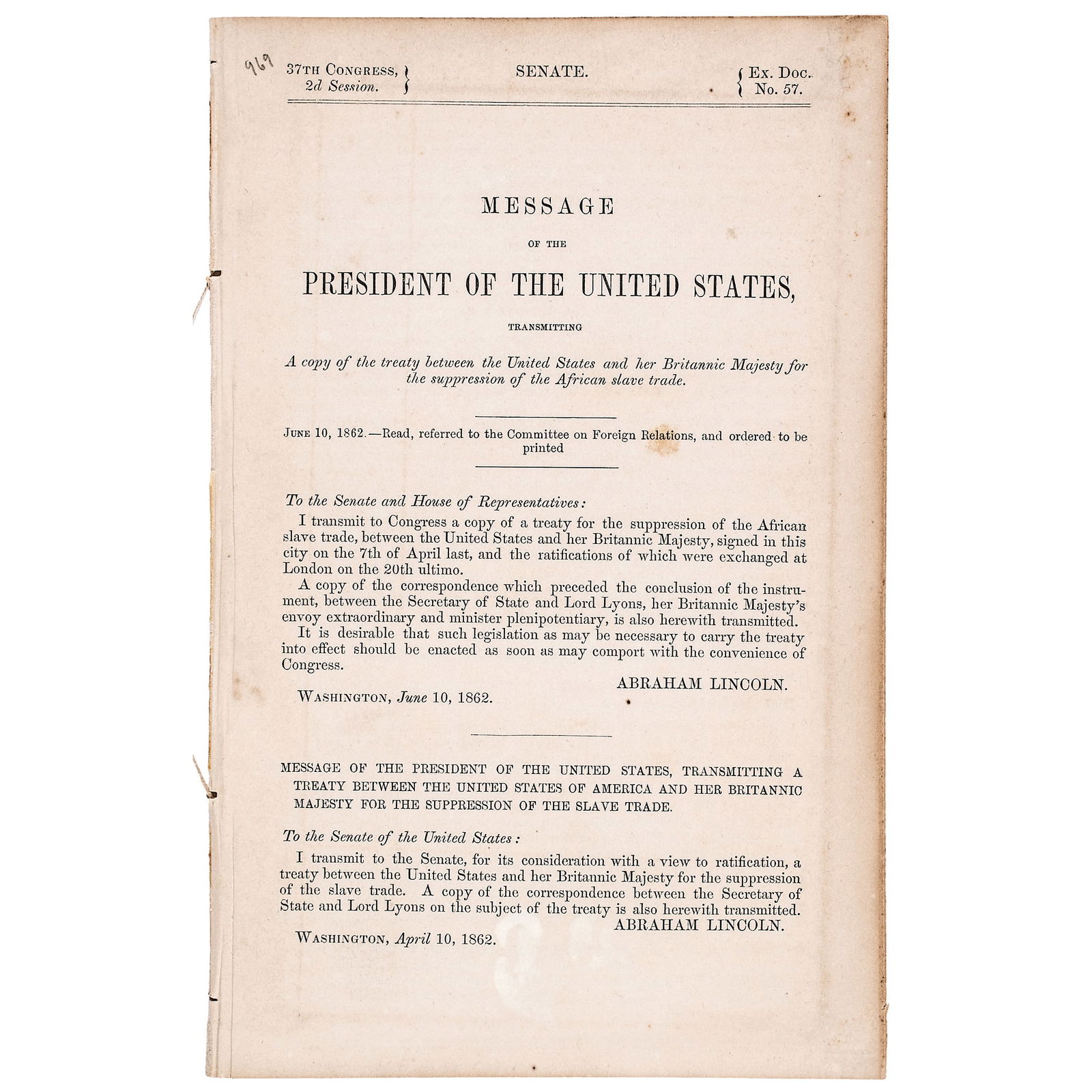 1862, PRESIDENT LINCOLN, TREATY