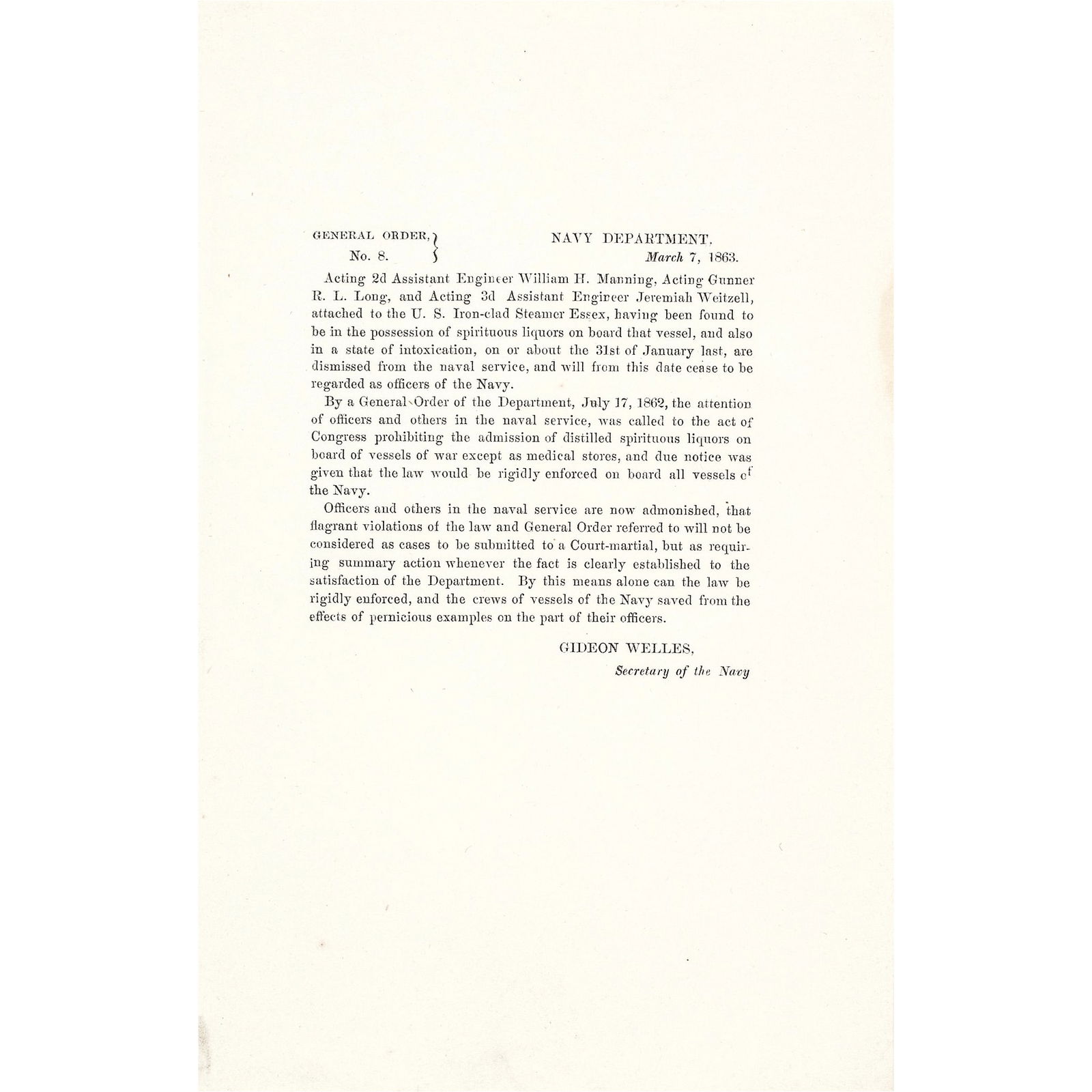1863 NAVY SECRETARY GIDEON WELLES