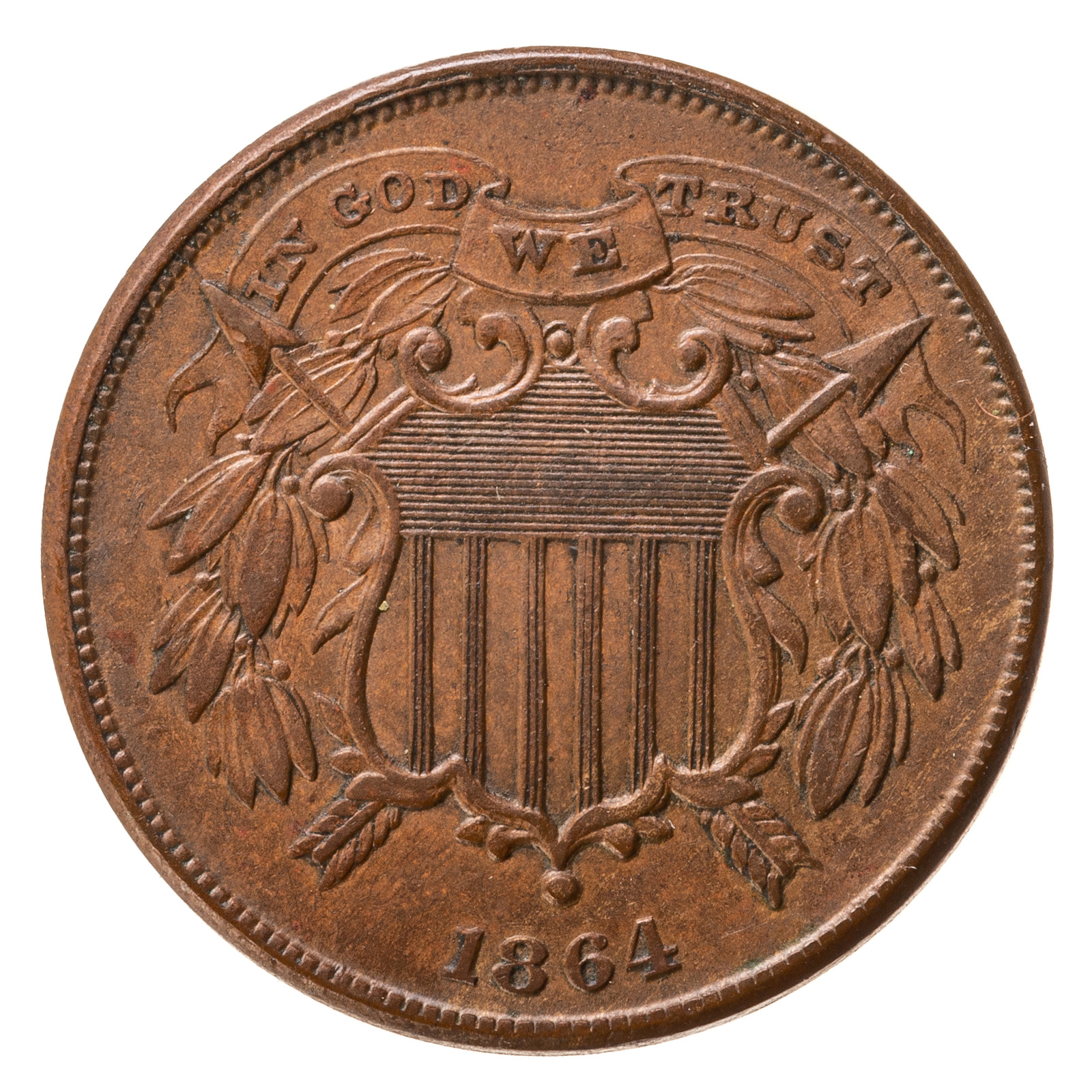 1864 2 CENT SCARCE SMALL MOTTO XF