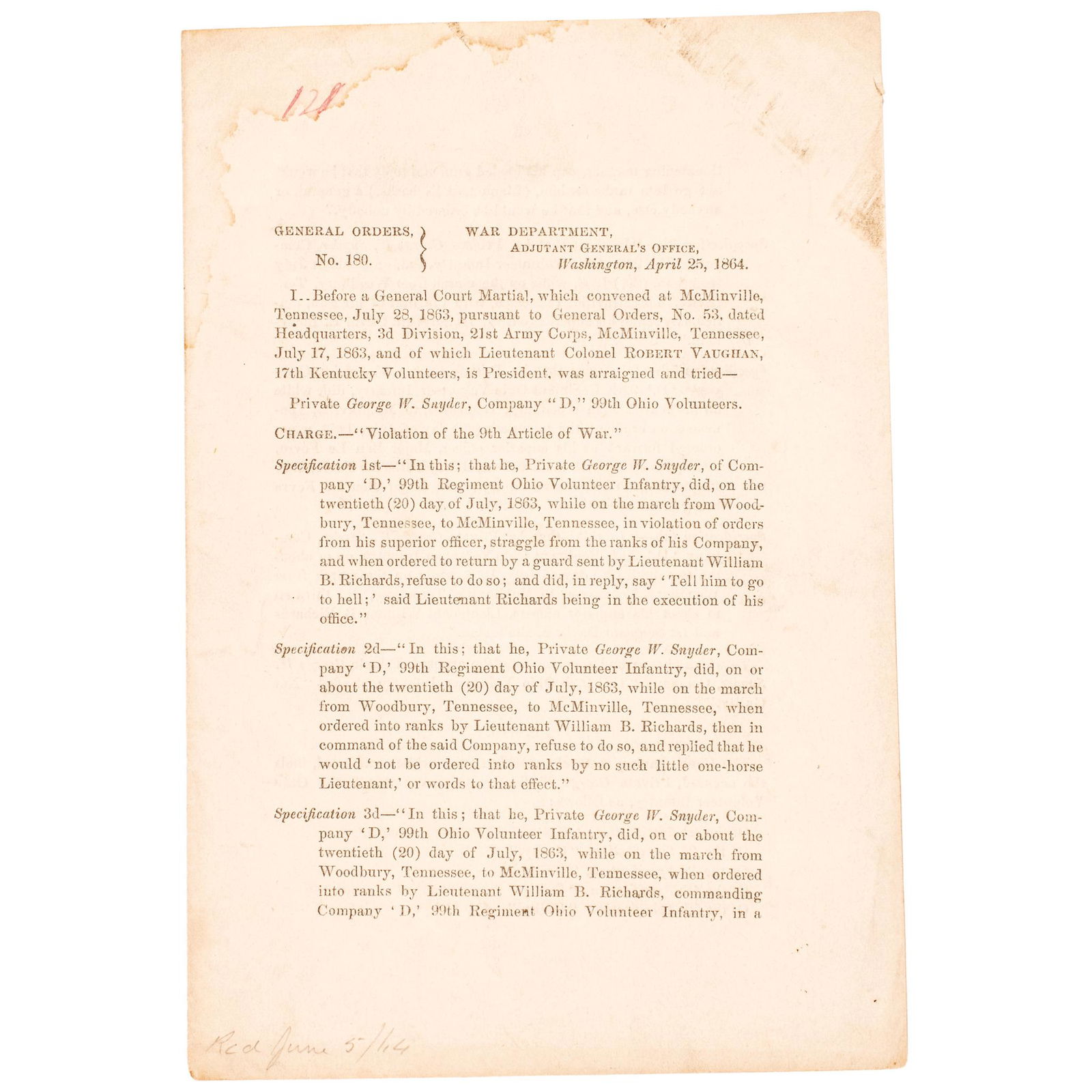 1864 CIVIL WAR GENERAL ORDER,