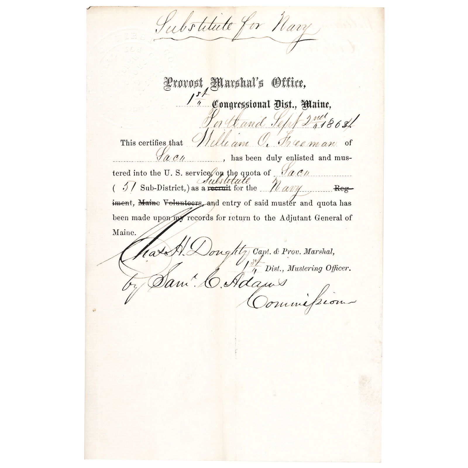 1864 CIVIL WAR NAVY SUBSTITUTE FORM