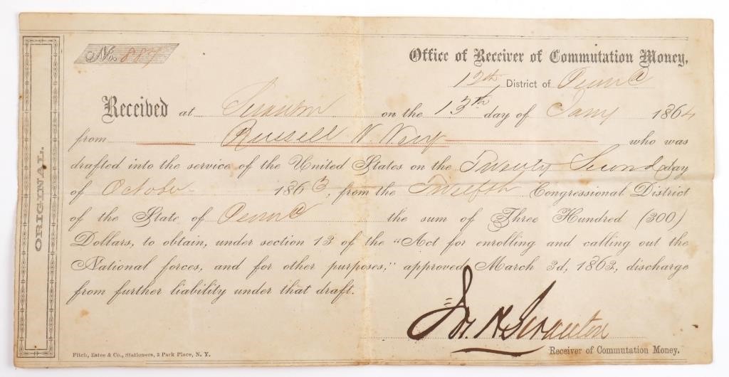 1864 CIVIL WAR UNION ARMY DRAFT