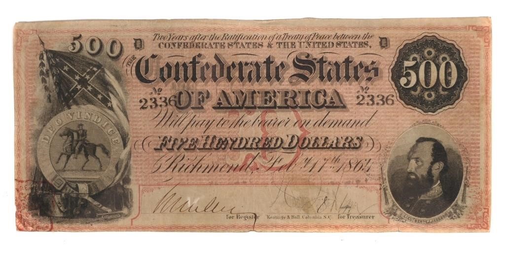 1864 CONFEDERATE $500 STONEWALL