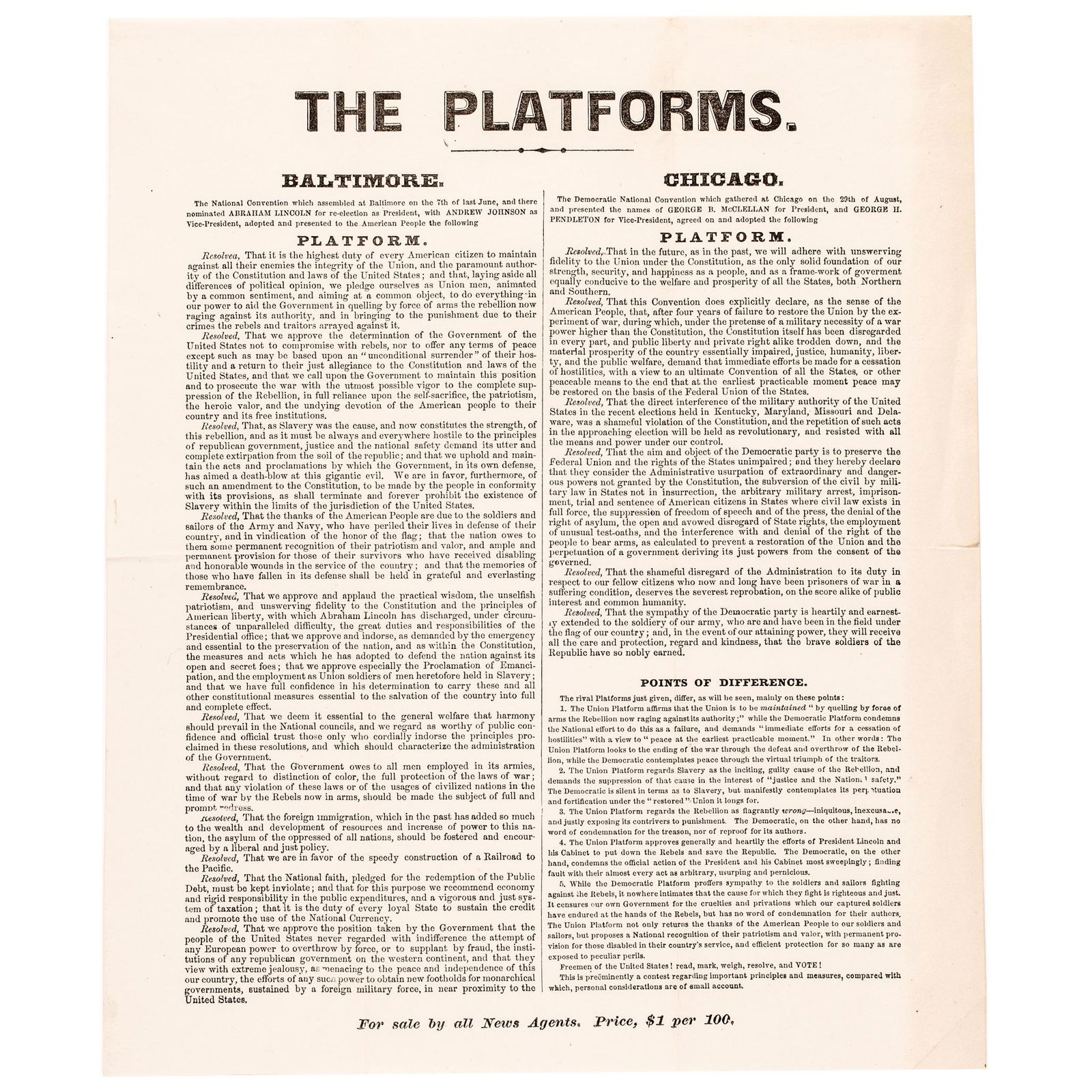 1864 POLITICAL CAMPAIGN BROADSIDE