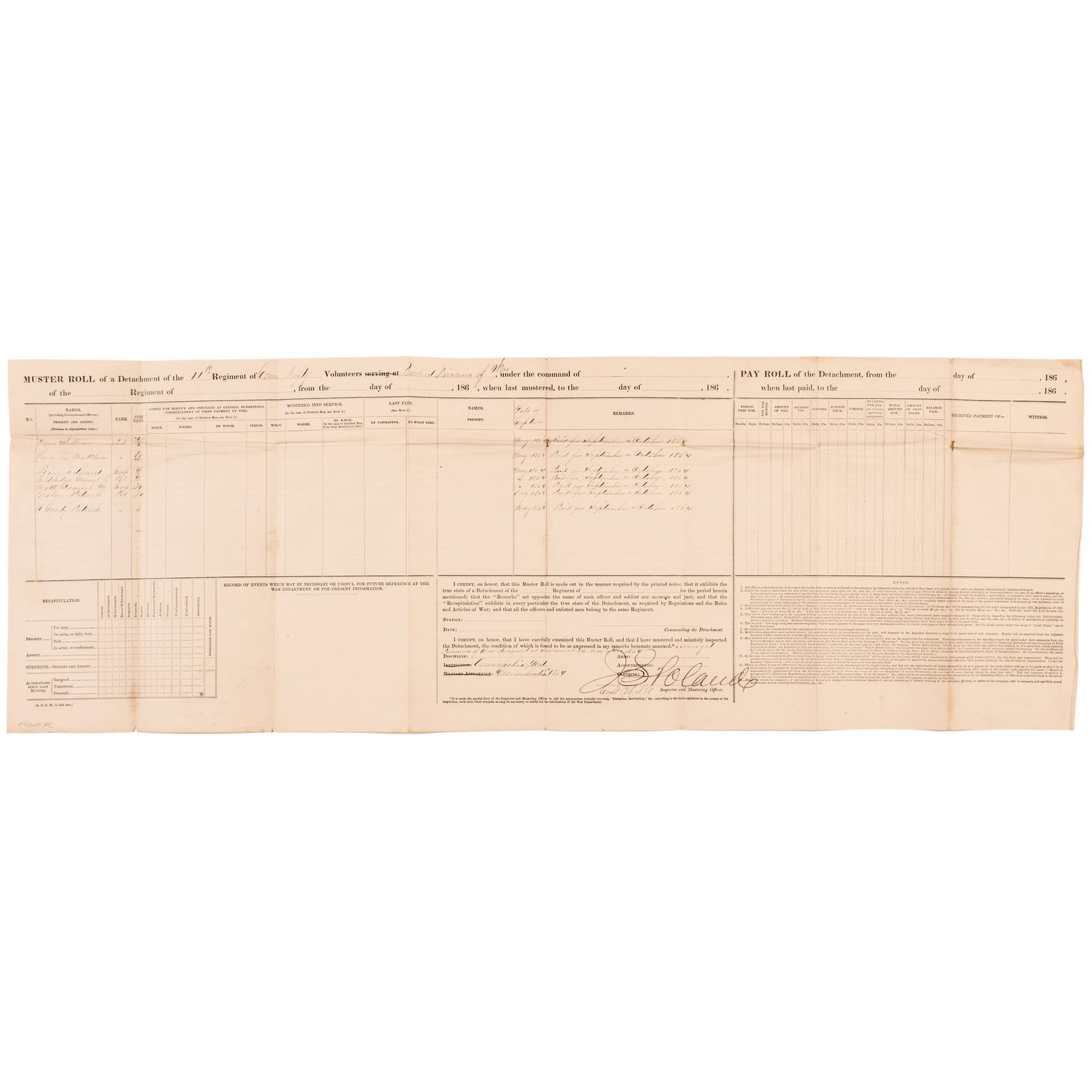 1864 SCARCE MUSTER ROLL OF