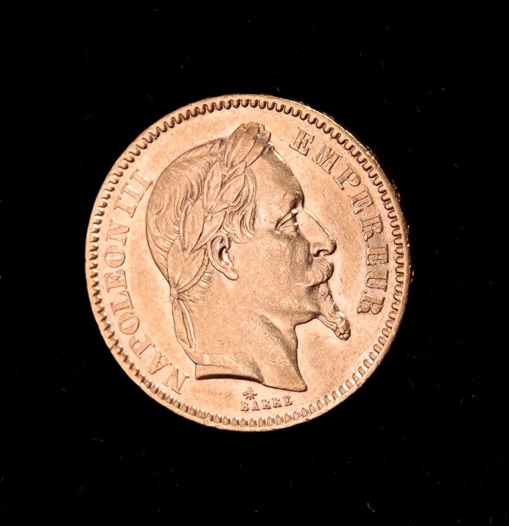 1865 20 FRANC GOLD COIN.