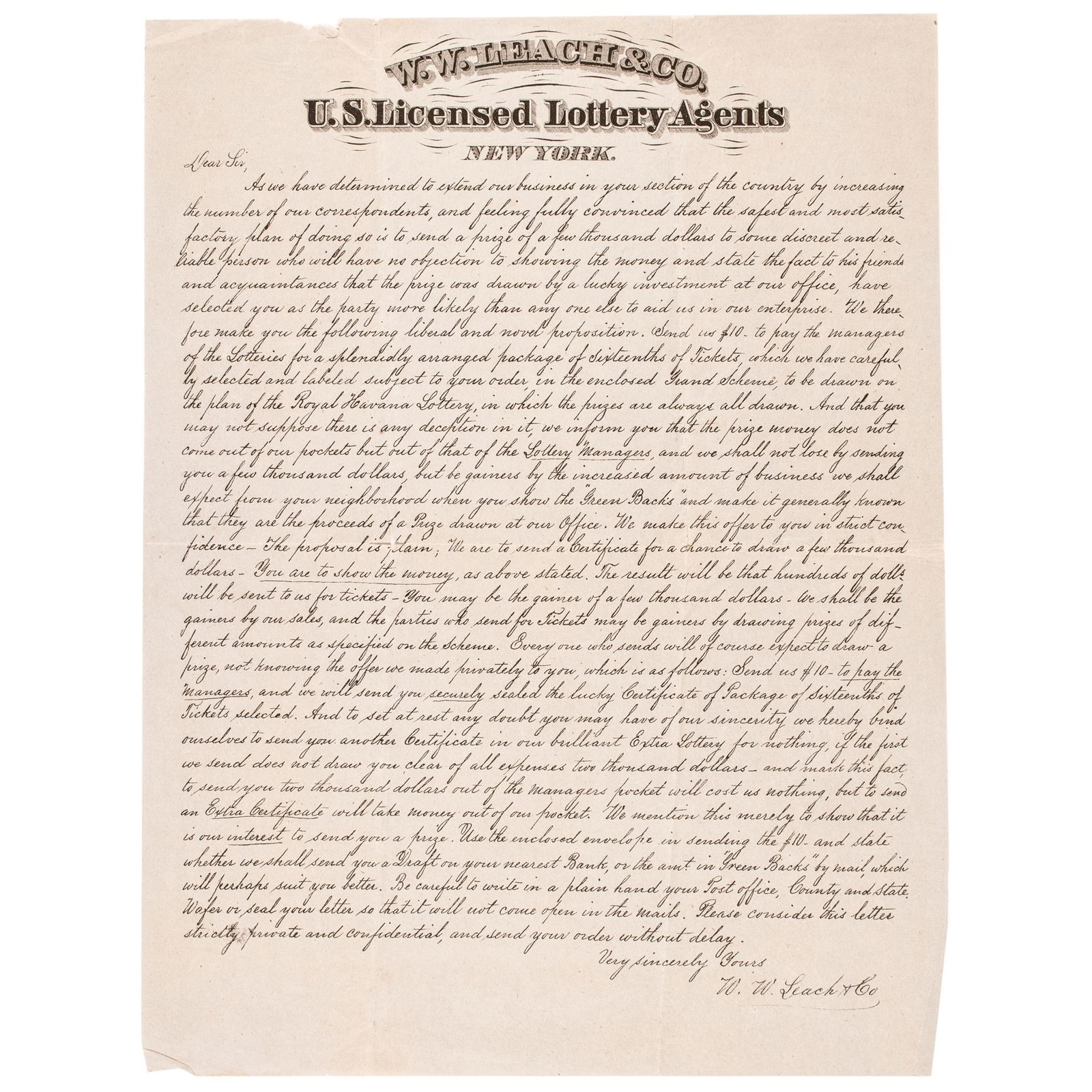 1866 KY HAVANA LOTTERY BROADSIDE