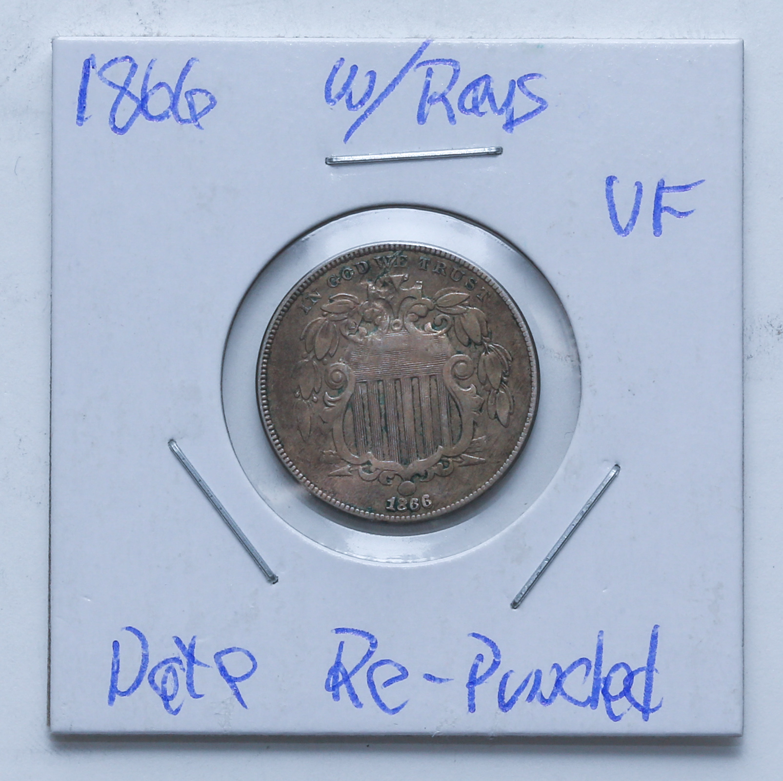 1866 SHIELD NICKEL WITH RAYS VF20