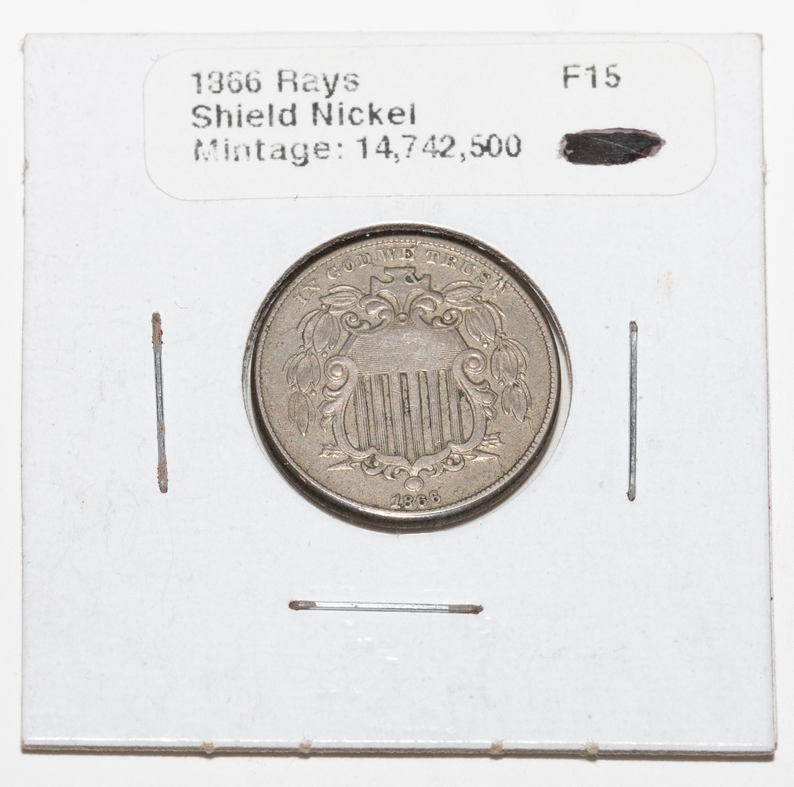 1866 WITH RAYS SHIELD NICKEL F/VF