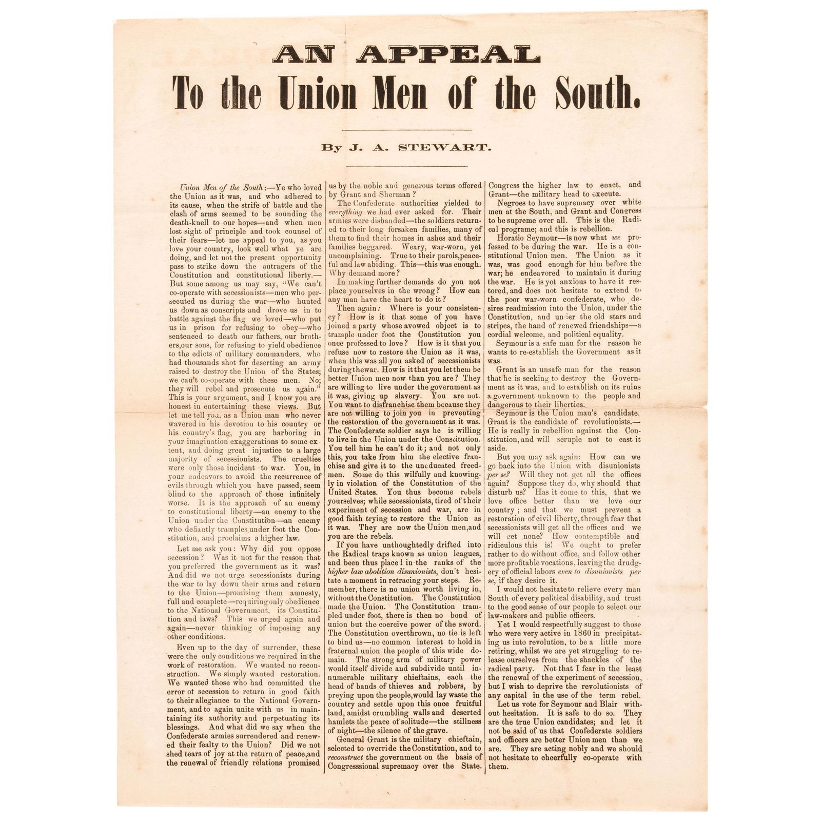 1868 HORATIO SEYMOUR PRESIDENTIAL