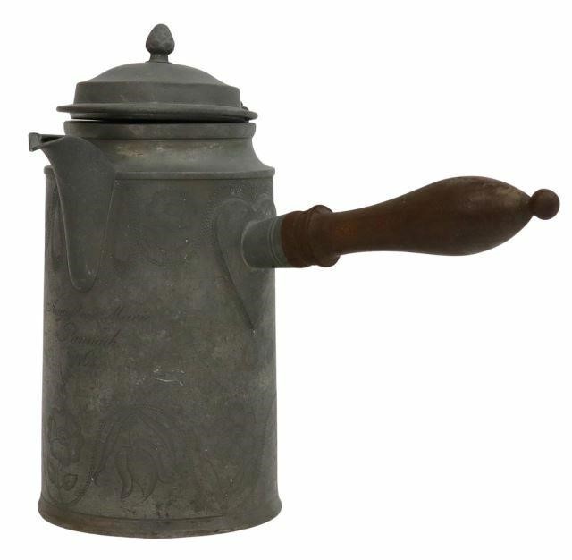 1868 SIGNED PEWTER CHOCOLATE