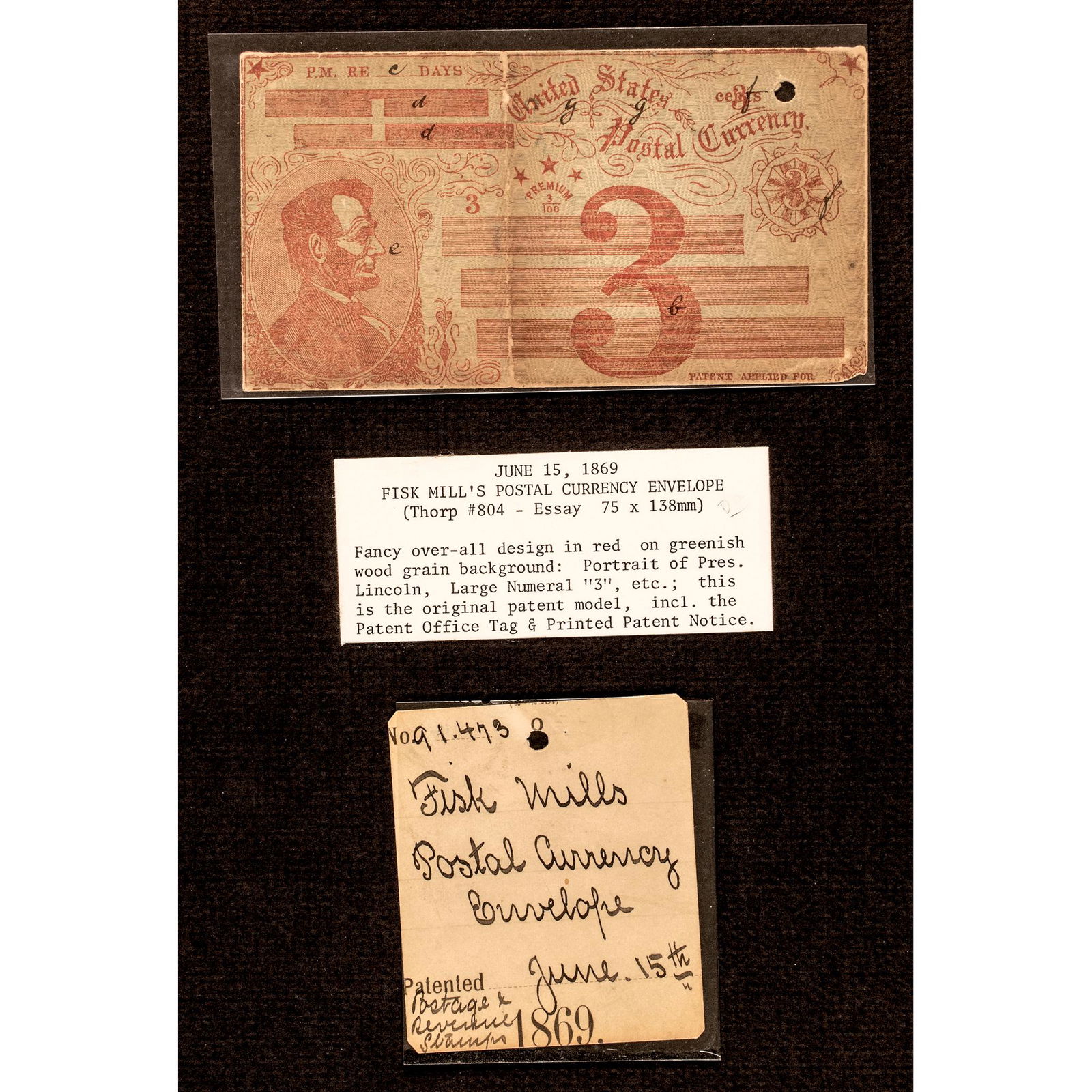 1869 PATENT DESIGN FOR A 3 CENTS