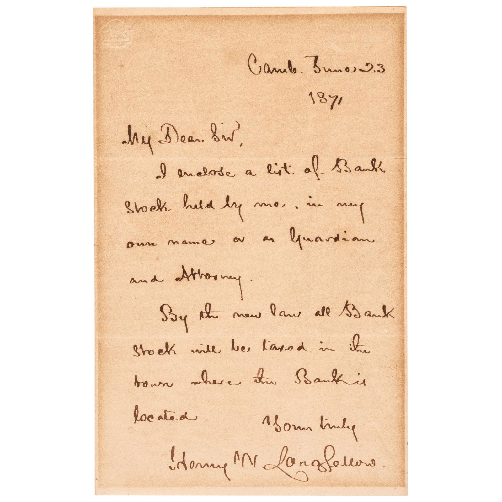1871 HENRY WADSWORTH LONGFELLOW