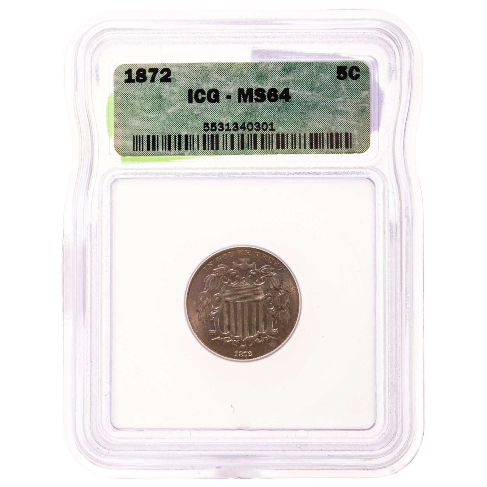 1872 SHIELD NICKEL ICG MS64 Fully