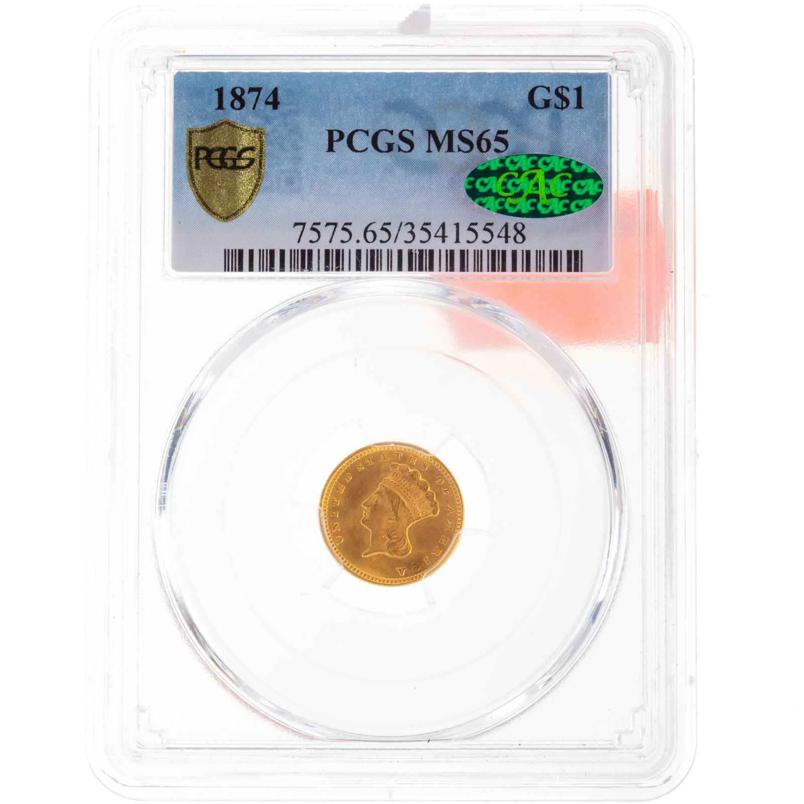 1874 GOLD $1 PRINCESS PCGS MS65 CAC
