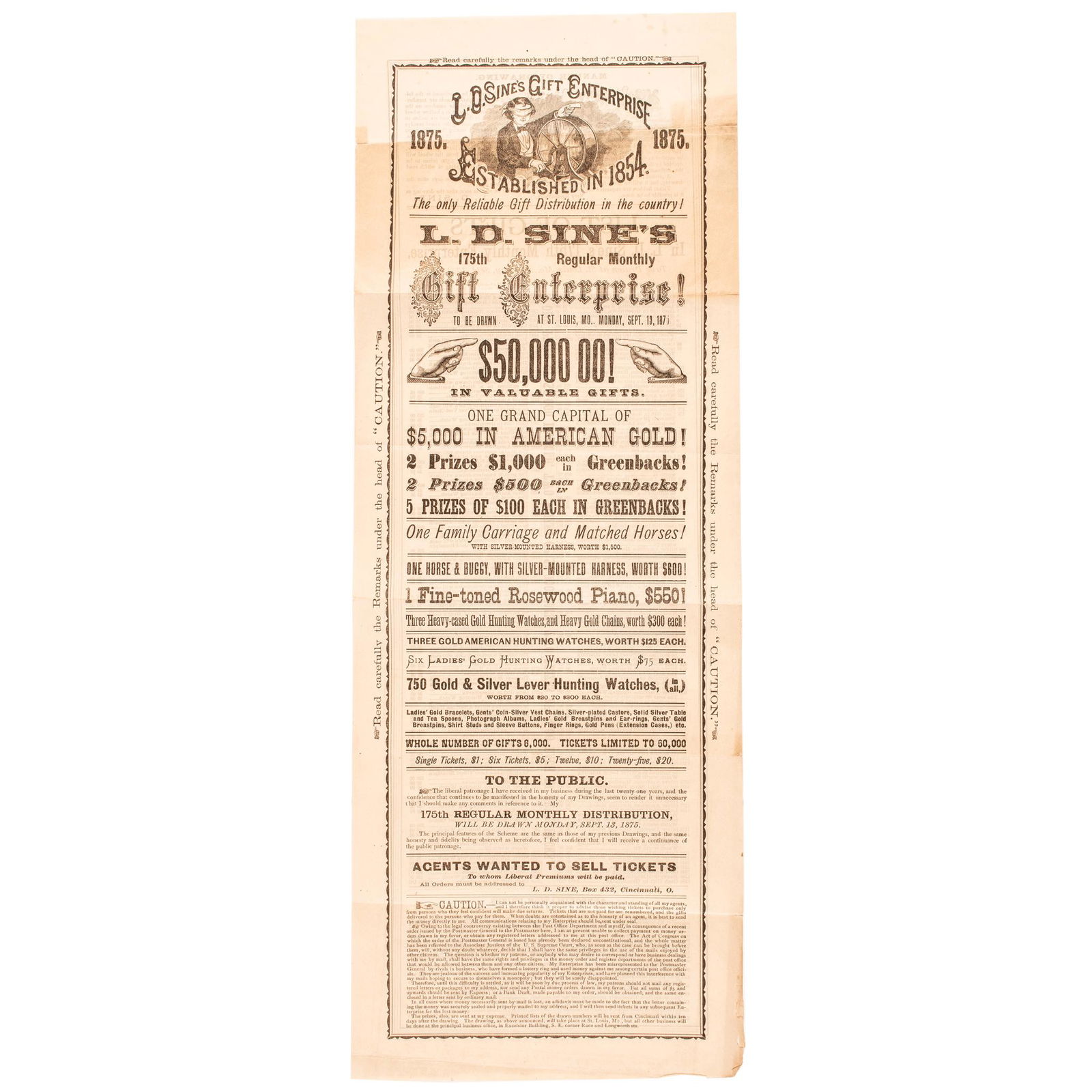 1875 L.D. SINE, ST. LOUIS LOTTERY