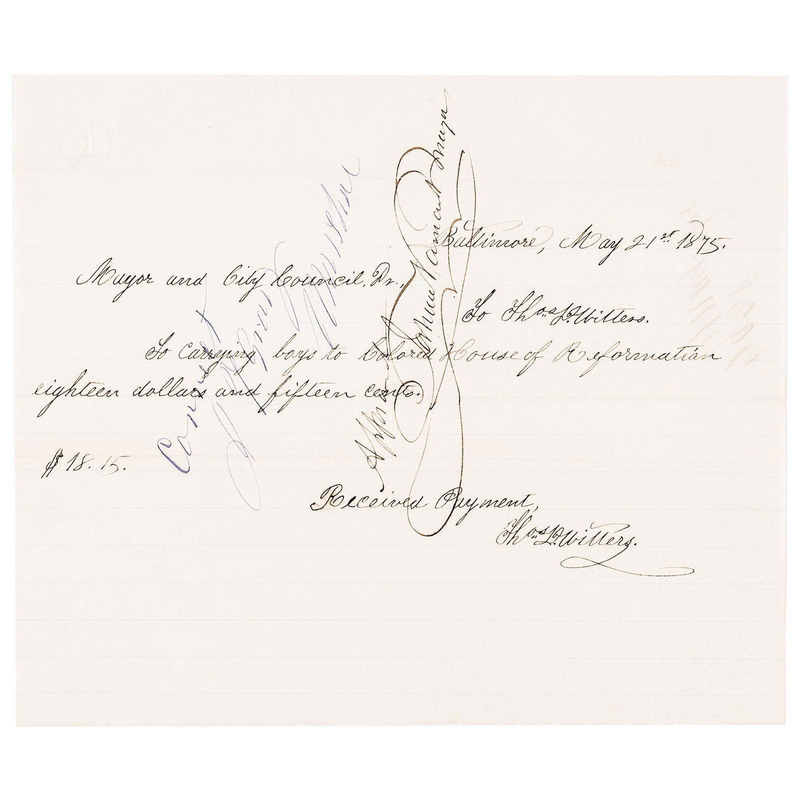 1875 RECEIPT DOCUMENT, TO