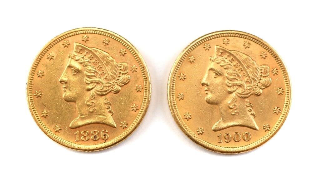 1886 AND 1900 US $5 FIVE DOLLAR