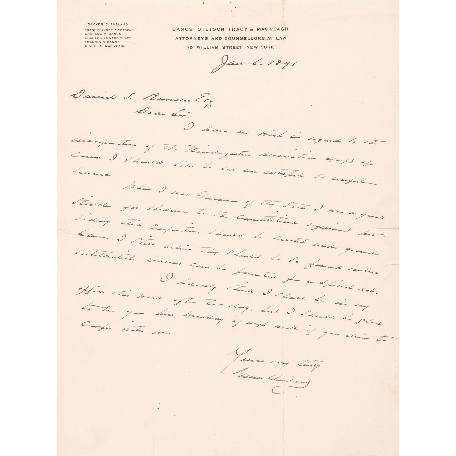 1891 GROVER CLEVELAND AUTOGRAPH